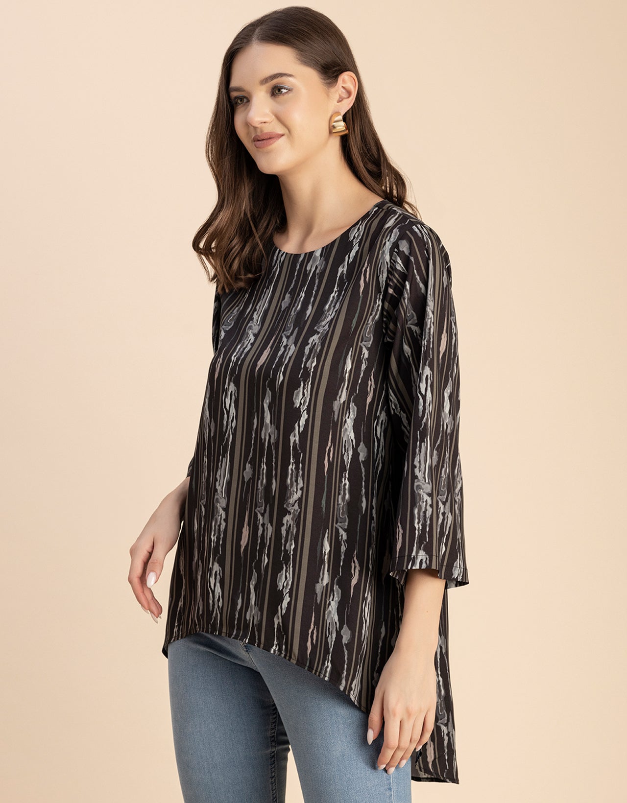 Printed Long Sleeve Asymmetric Modern Top
