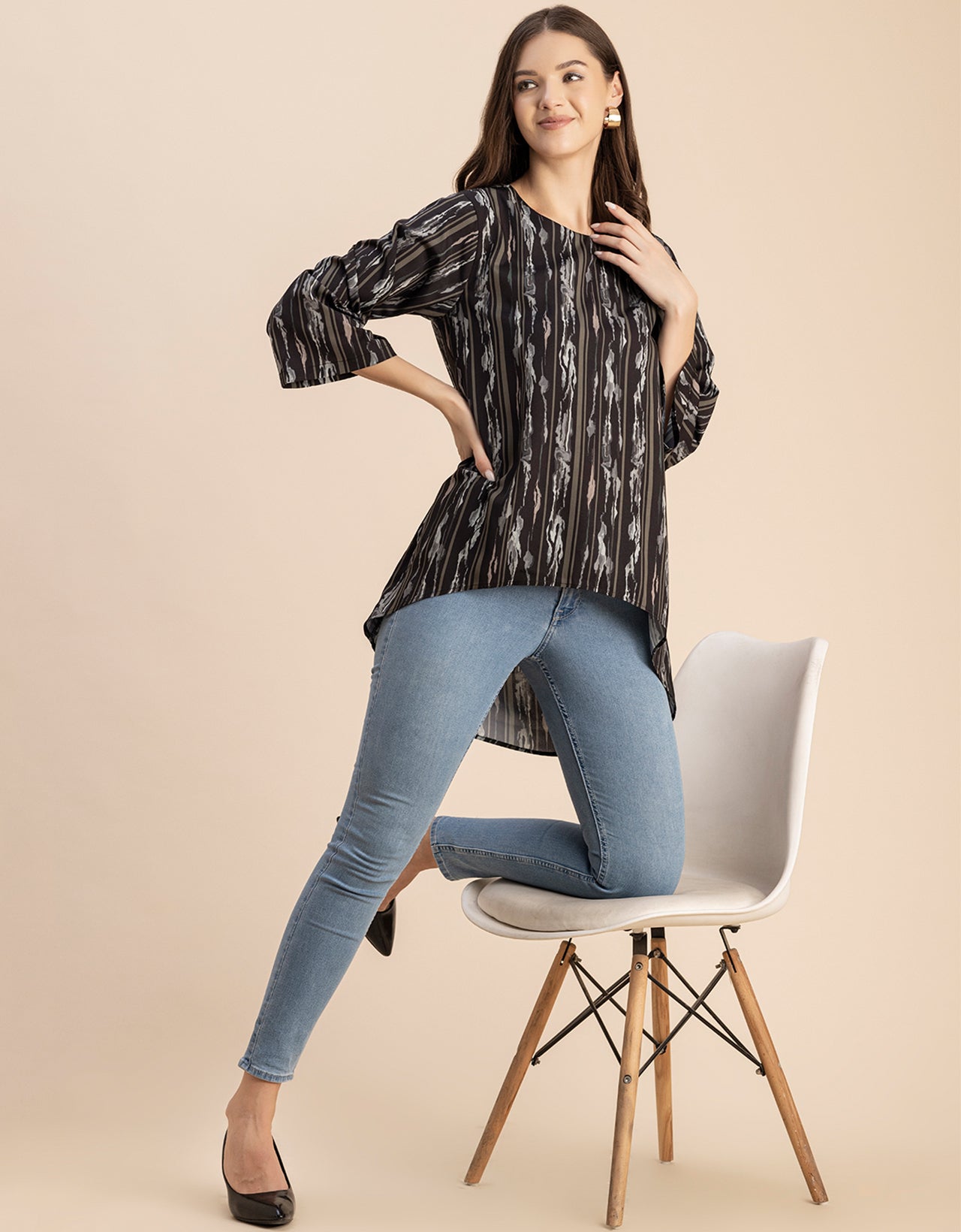 Printed Long Sleeve Asymmetric Modern Top