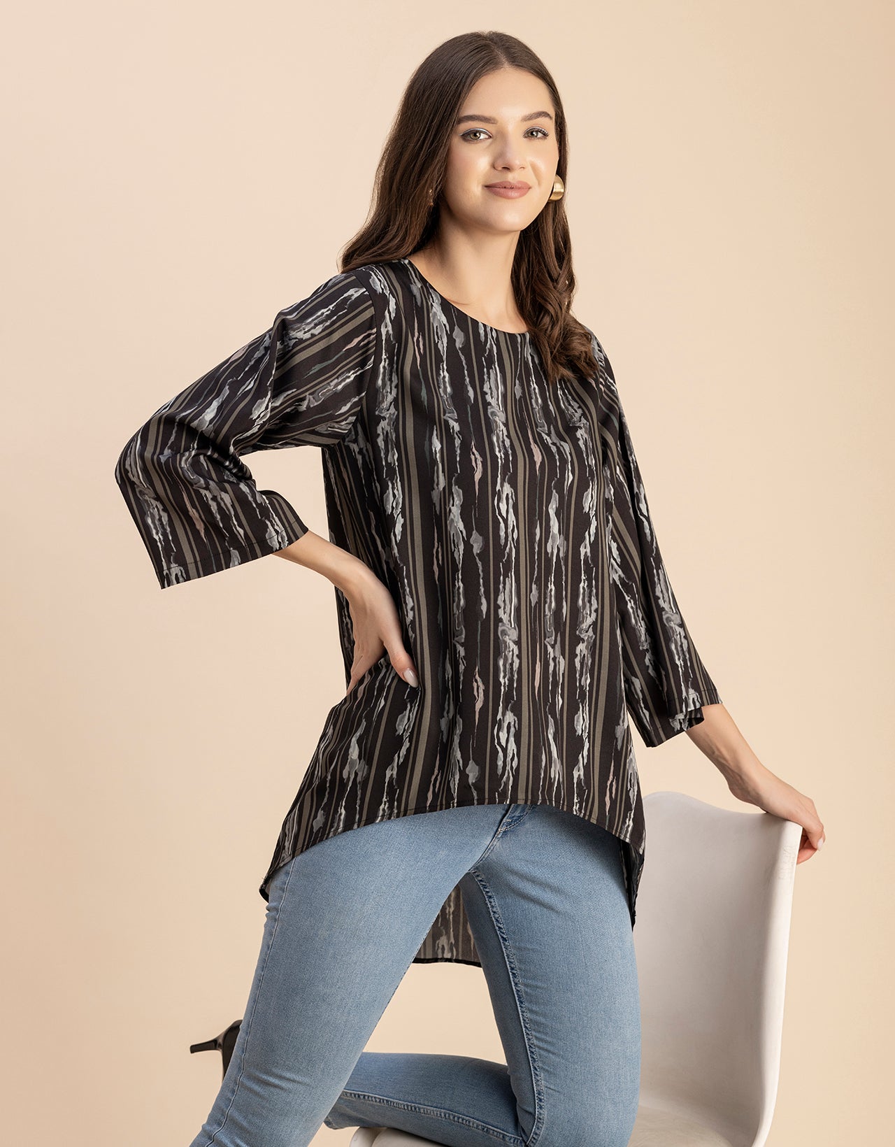 Printed Long Sleeve Asymmetric Modern Top