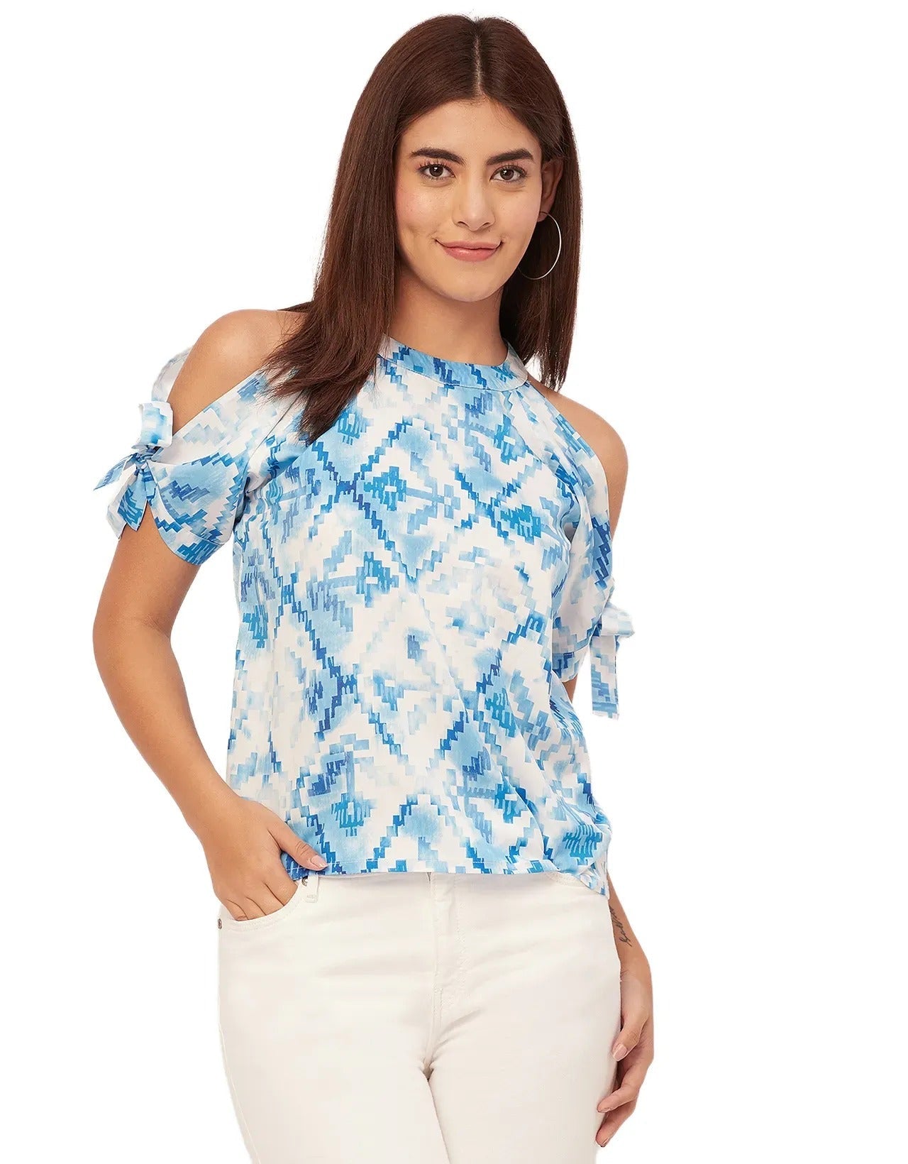 Cold Shoulder Band Collar Short Sleeve Printed Top