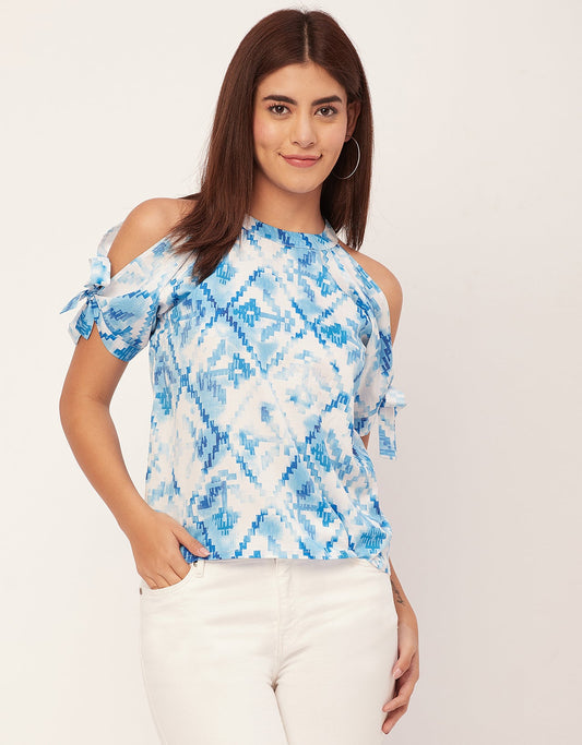 Cold Shoulder Band Collar Short Sleeve Printed Top
