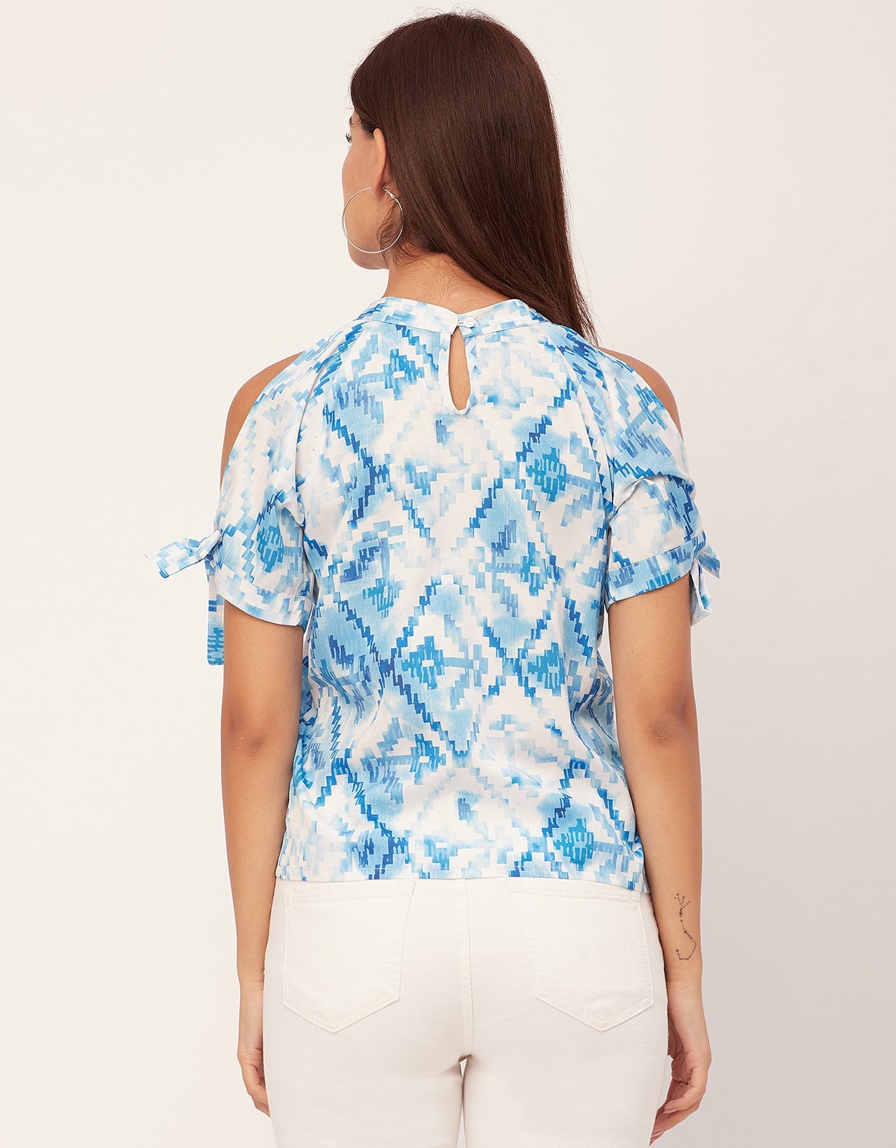 Cold Shoulder Band Collar Short Sleeve Printed Top