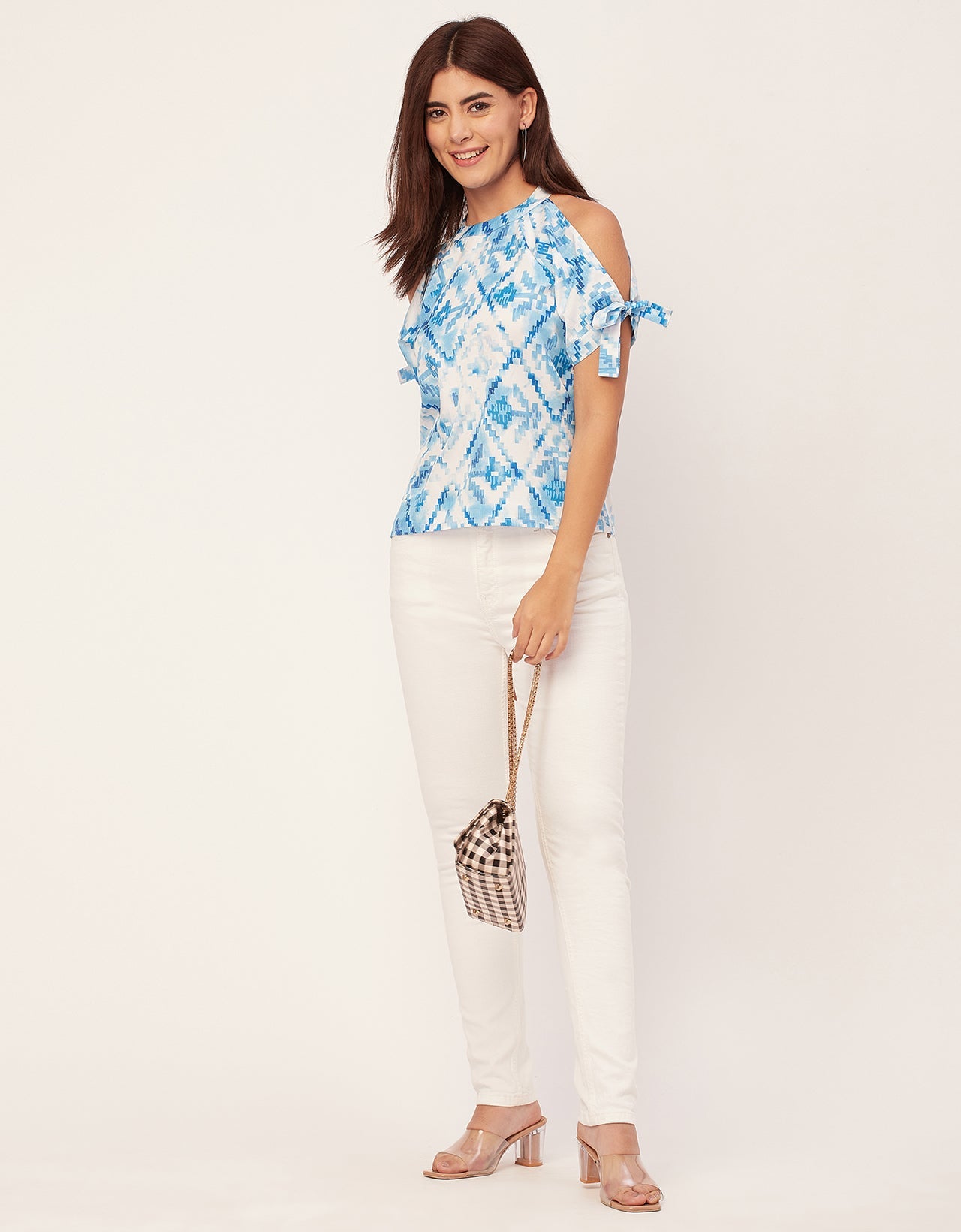 Cold Shoulder Band Collar Short Sleeve Printed Top