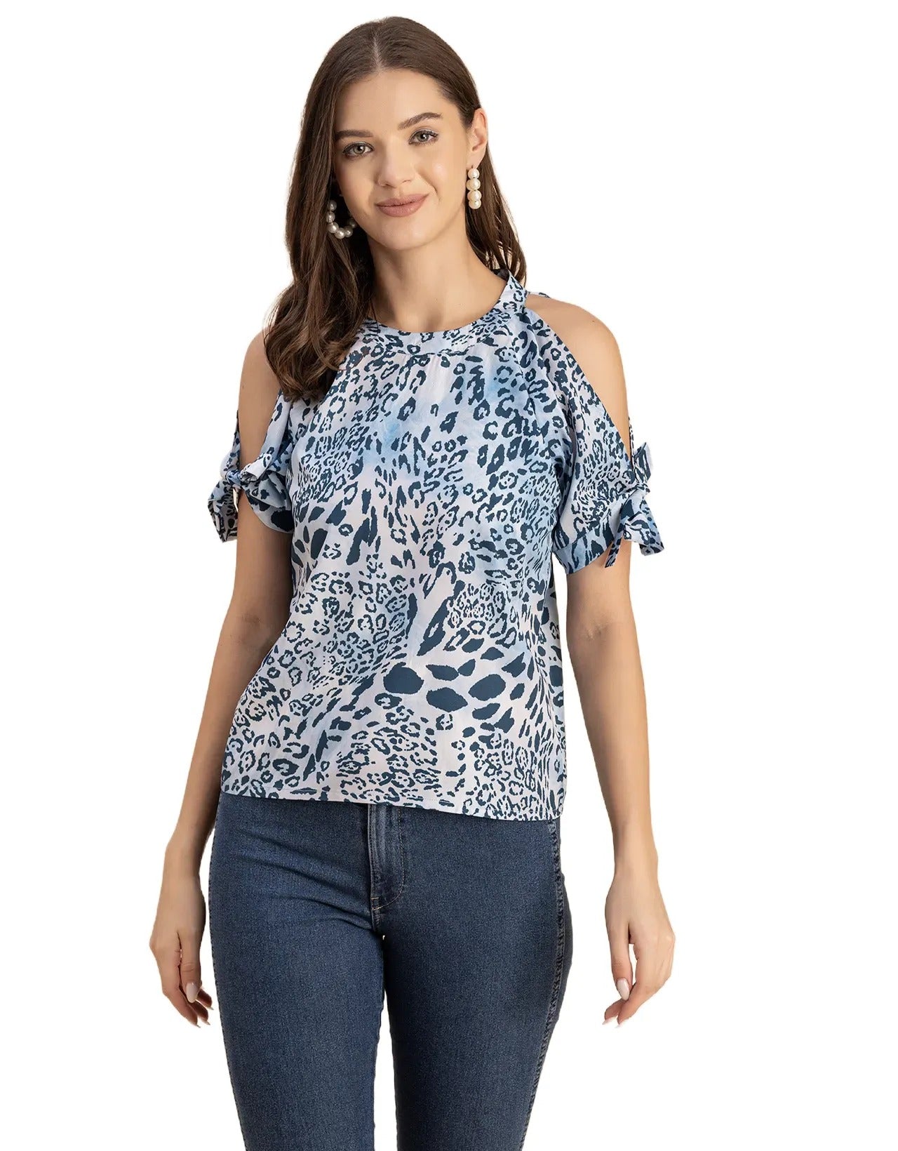 Cold Shoulder Band Collar Short Sleeve Printed Top