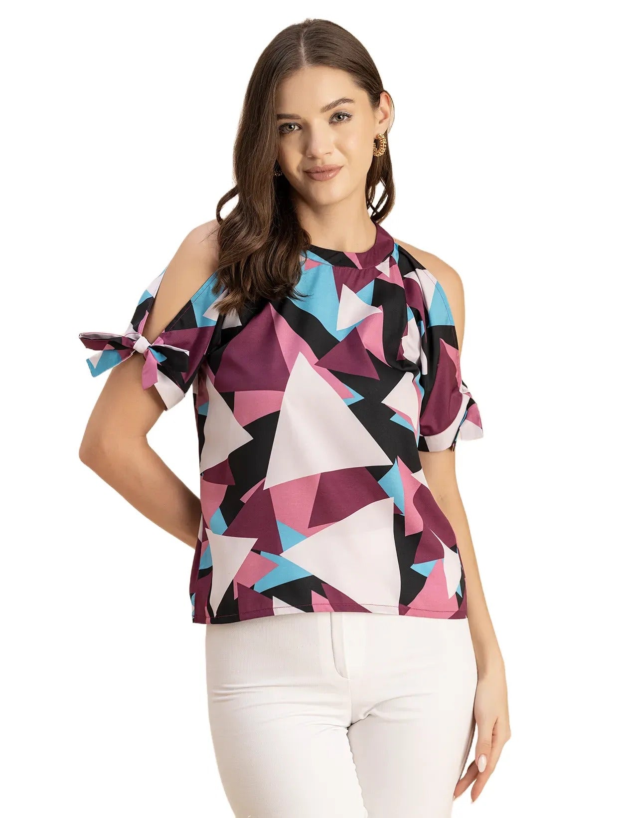 Cold Shoulder Band Collar Short Sleeve Printed Top