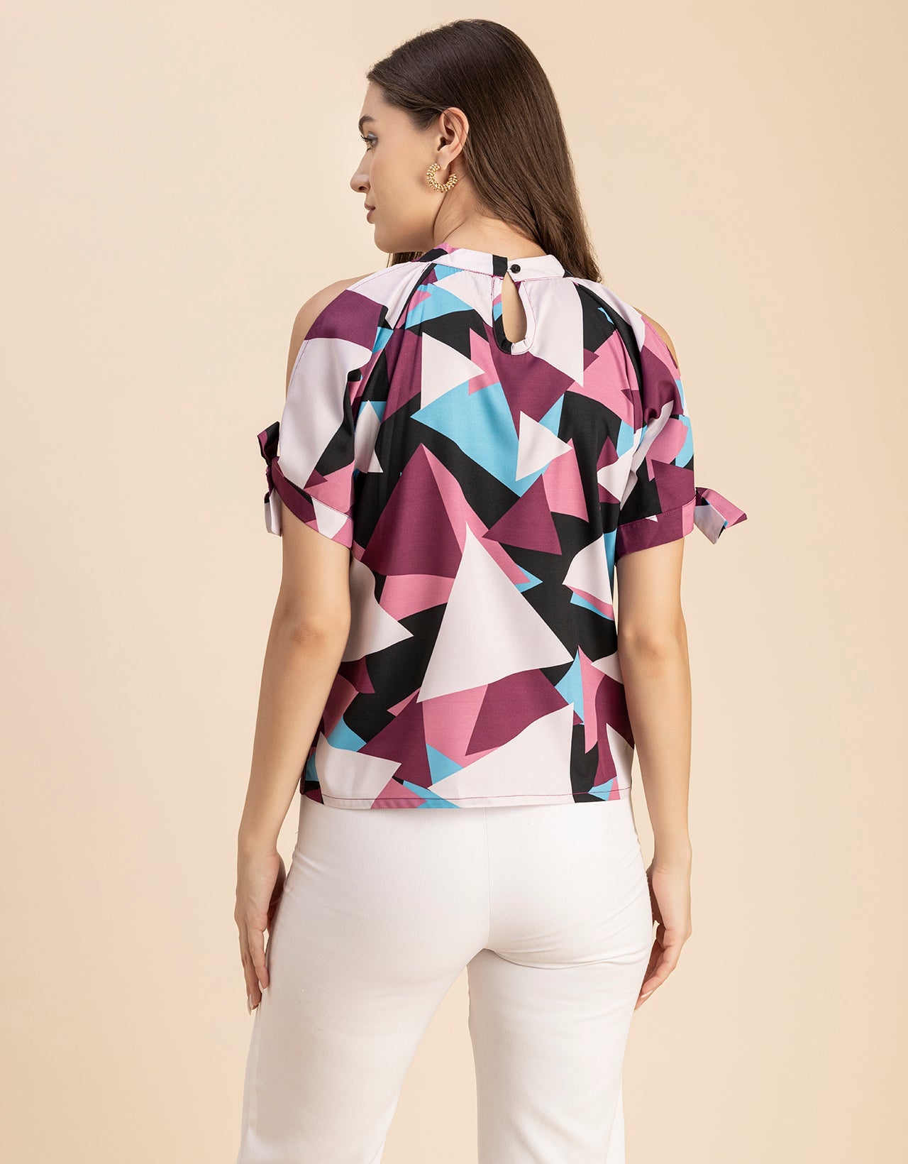Cold Shoulder Band Collar Short Sleeve Printed Top
