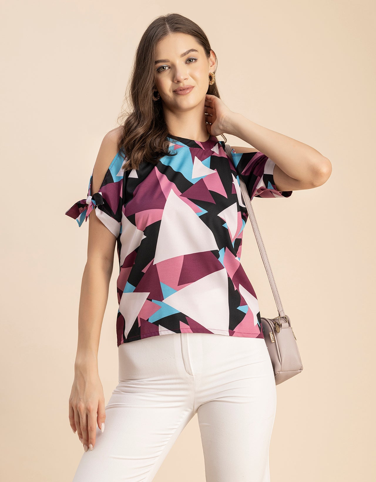 Cold Shoulder Band Collar Short Sleeve Printed Top