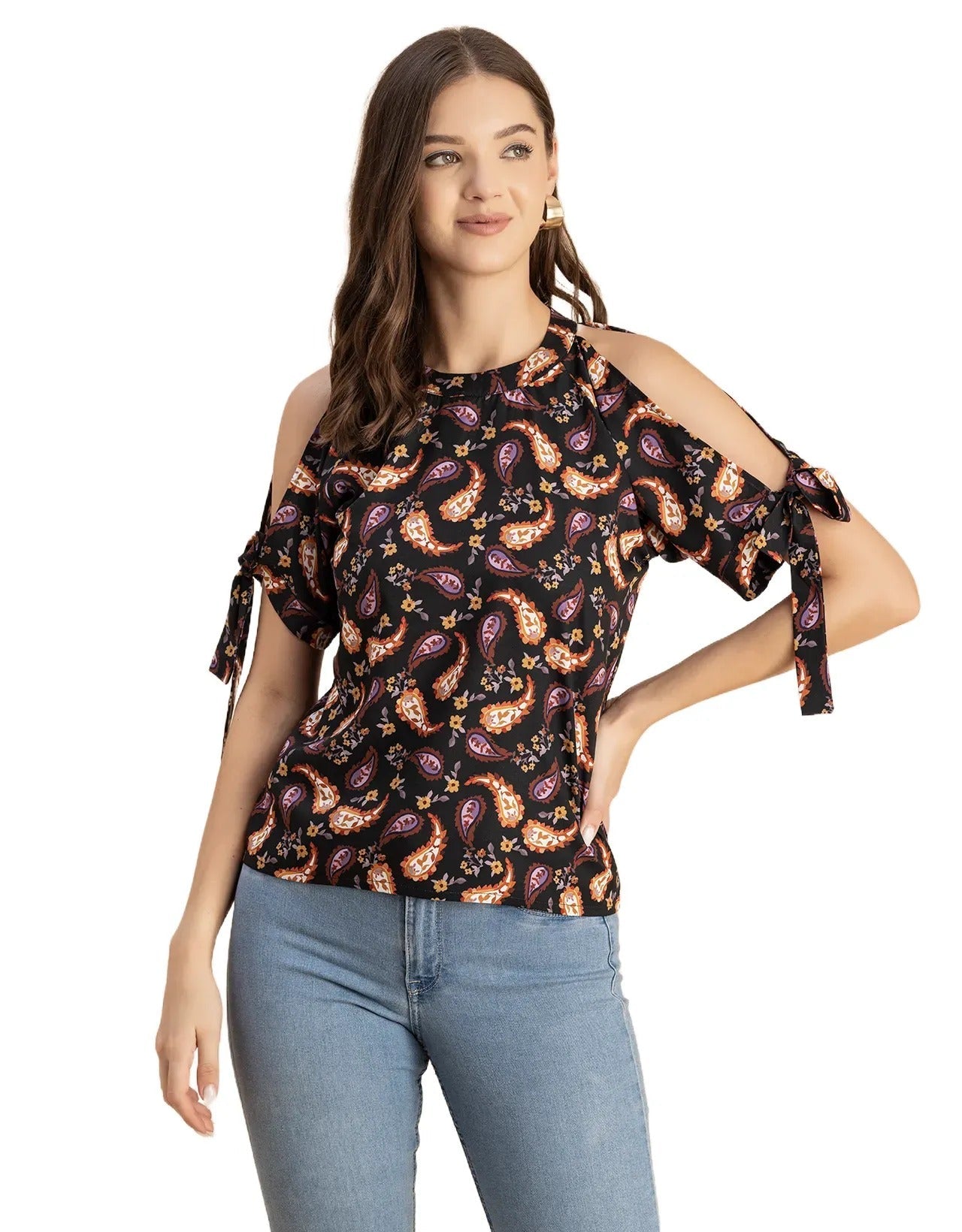 Cold Shoulder Band Collar Short Sleeve Printed Top