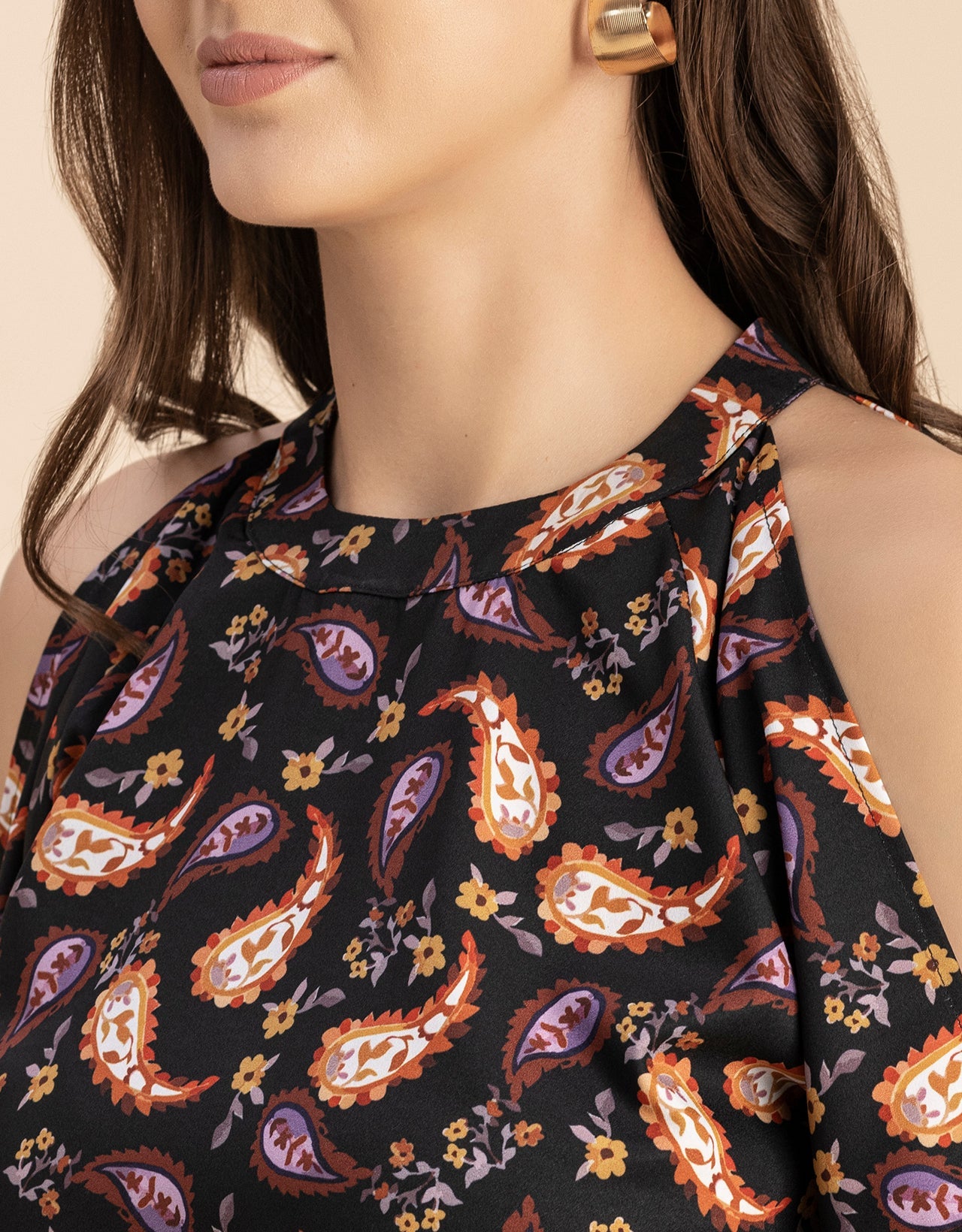 Cold Shoulder Band Collar Short Sleeve Printed Top
