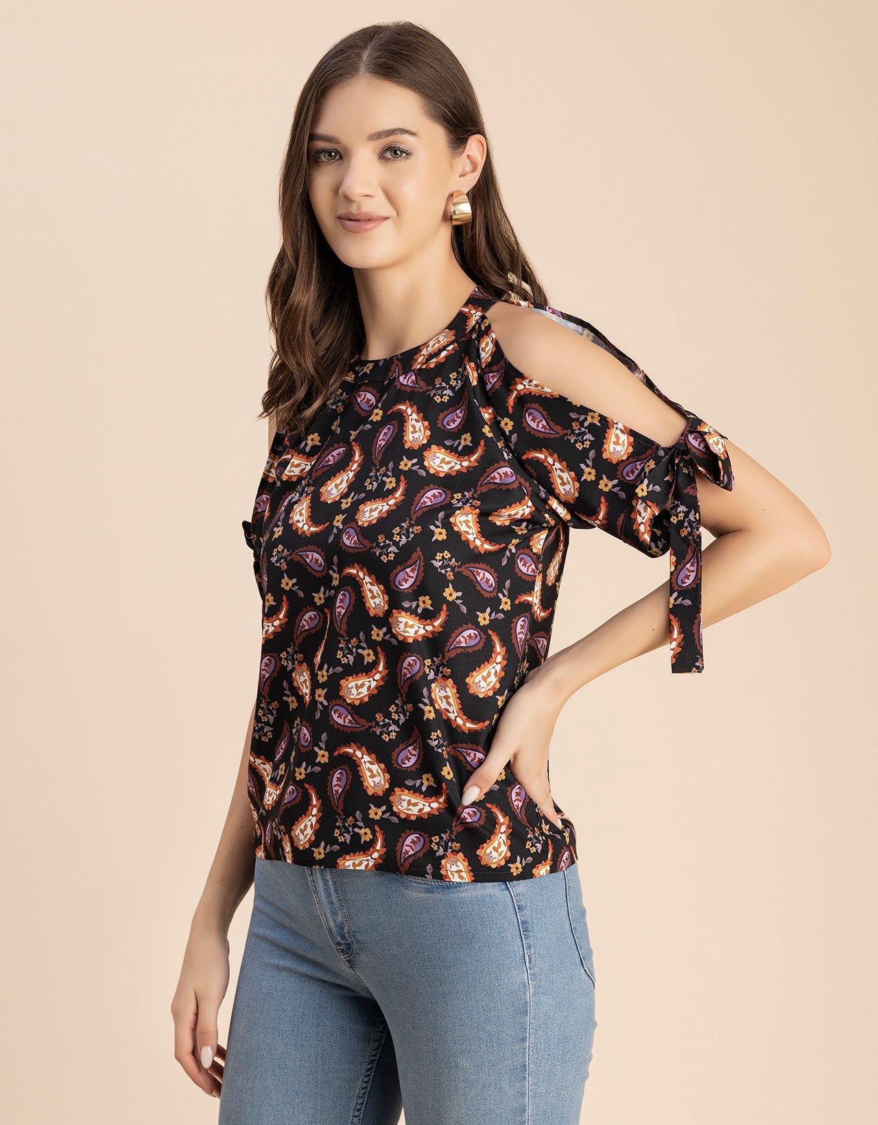 Cold Shoulder Band Collar Short Sleeve Printed Top