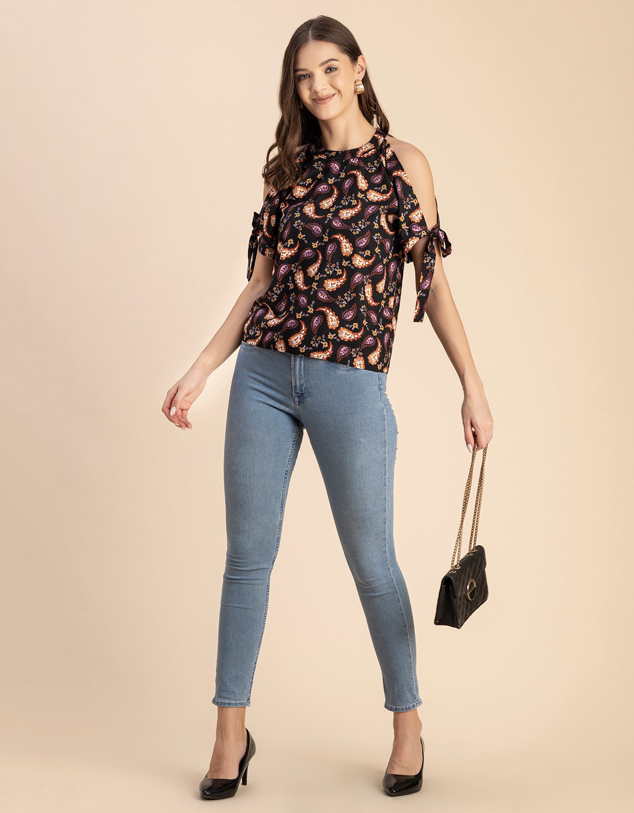 Cold Shoulder Band Collar Short Sleeve Printed Top