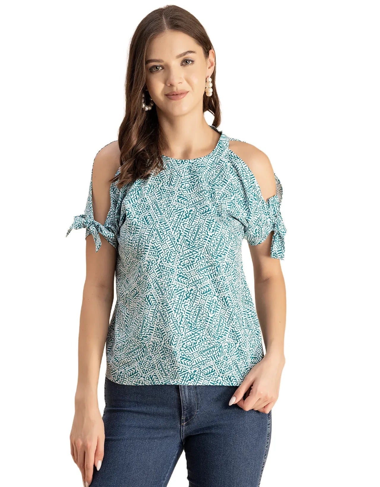 Cold Shoulder Band Collar Short Sleeve Printed Top