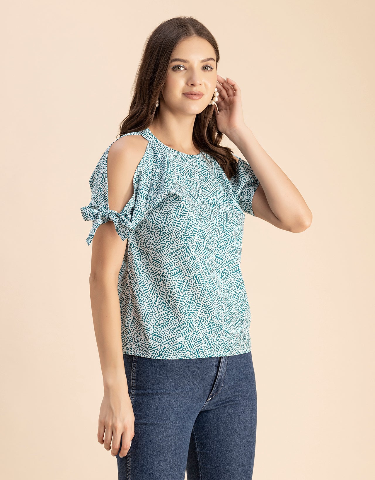 Cold Shoulder Band Collar Short Sleeve Printed Top