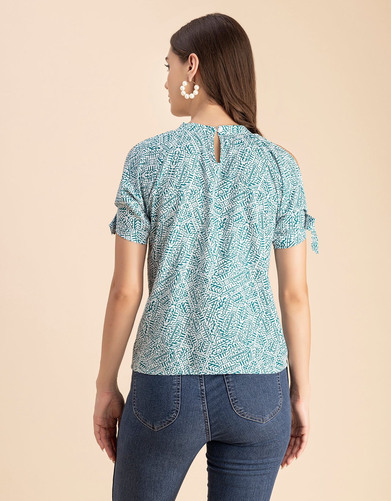 Cold Shoulder Band Collar Short Sleeve Printed Top
