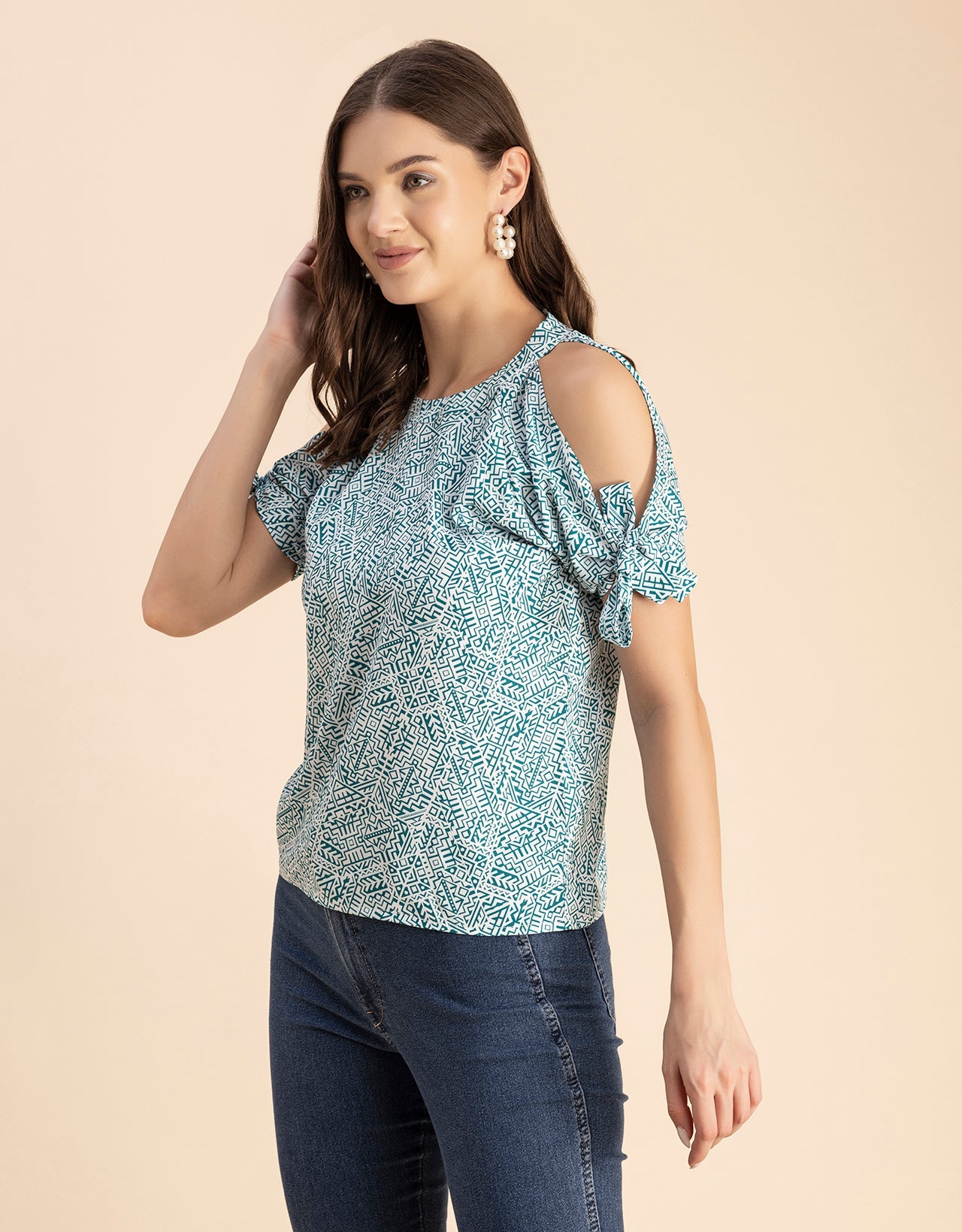 Cold Shoulder Band Collar Short Sleeve Printed Top