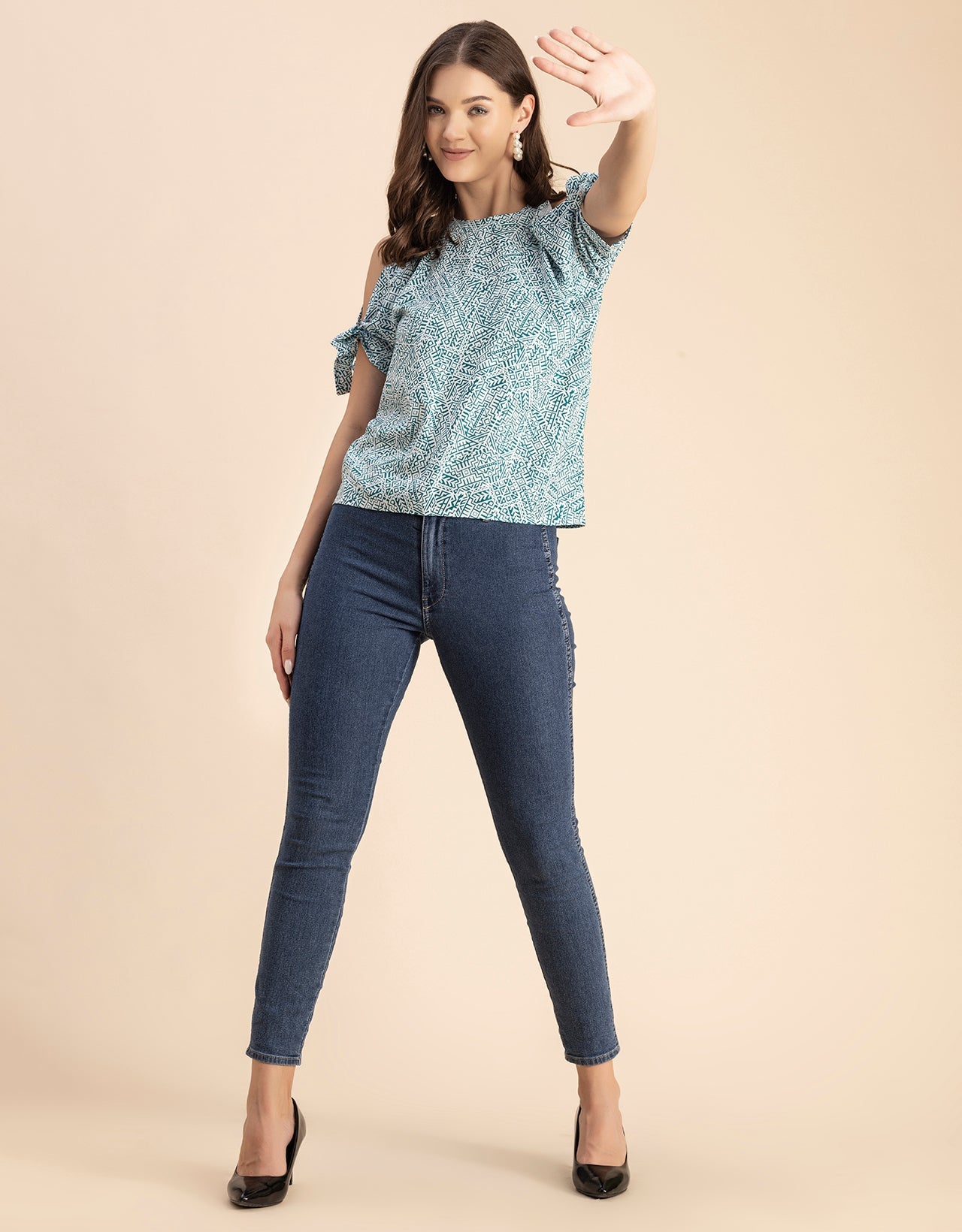 Cold Shoulder Band Collar Short Sleeve Printed Top