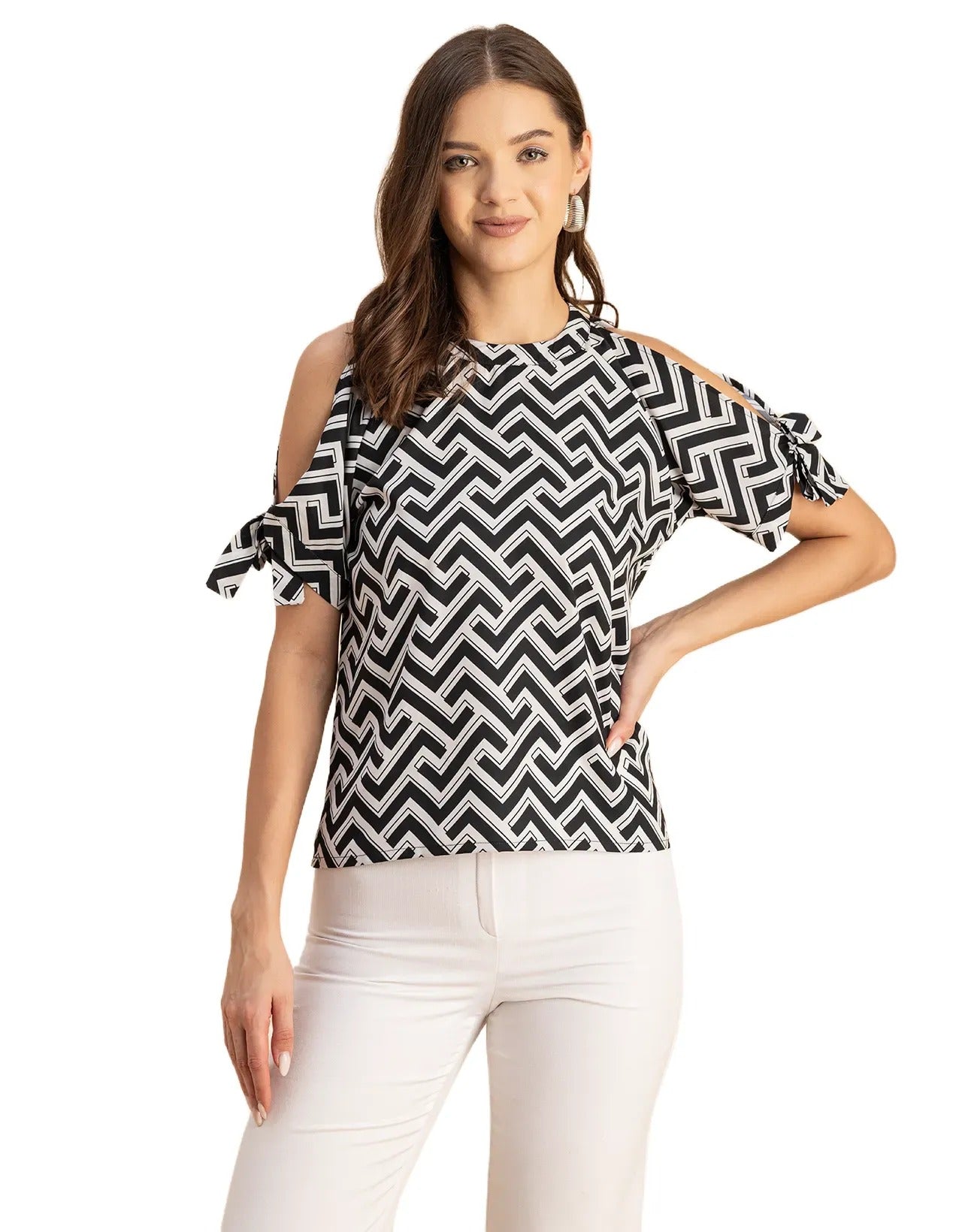 Cold Shoulder Band Collar Short Sleeve Printed Top