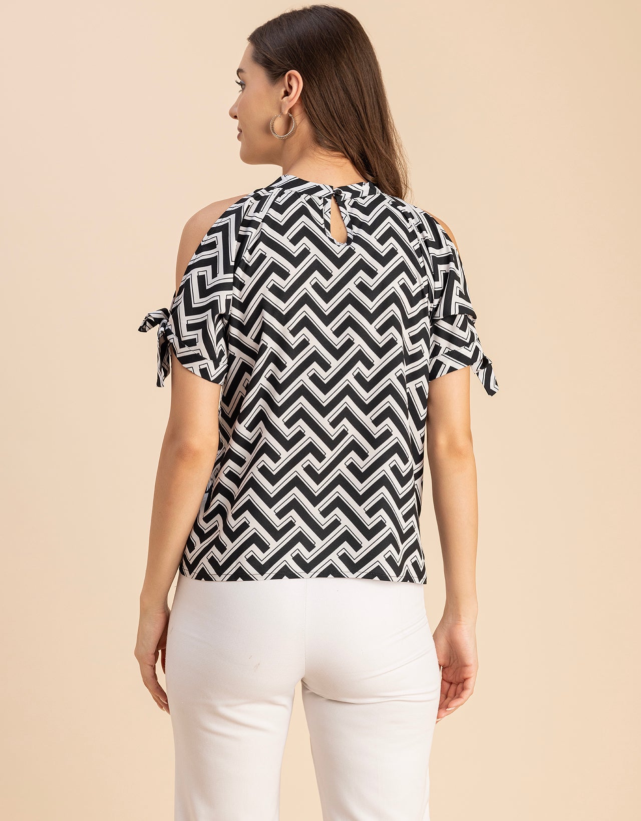 Cold Shoulder Band Collar Short Sleeve Printed Top
