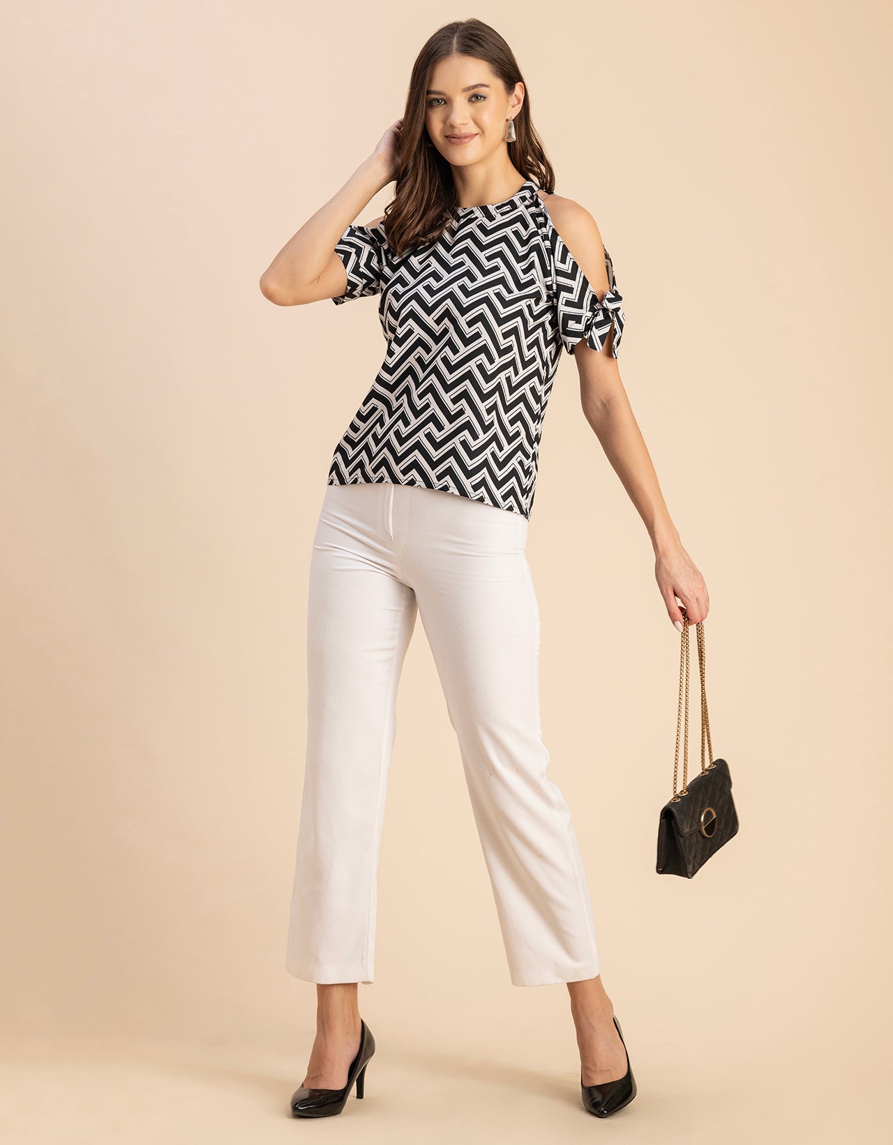 Cold Shoulder Band Collar Short Sleeve Printed Top