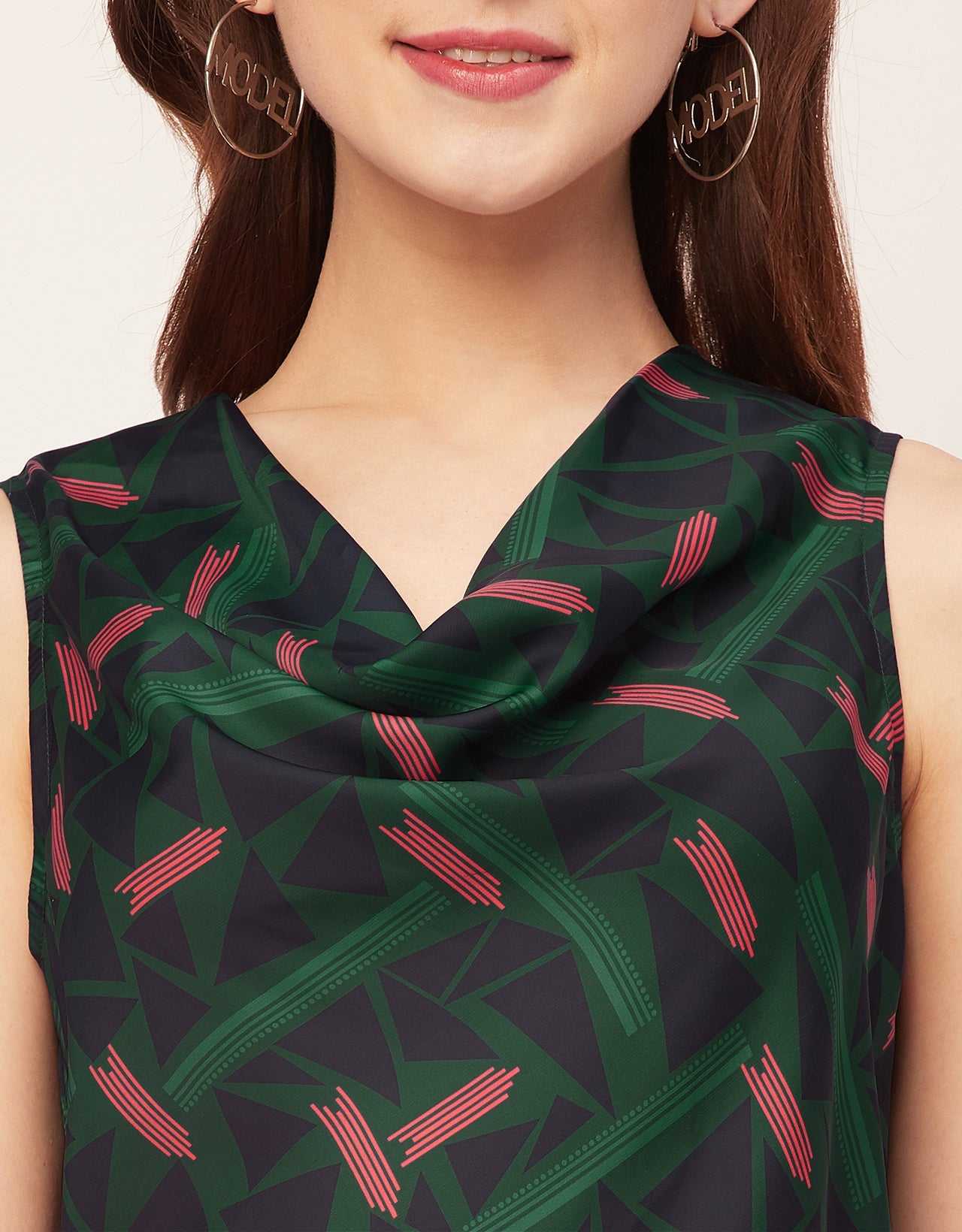 Sleeveless Cowl Neck Printed Satin Top