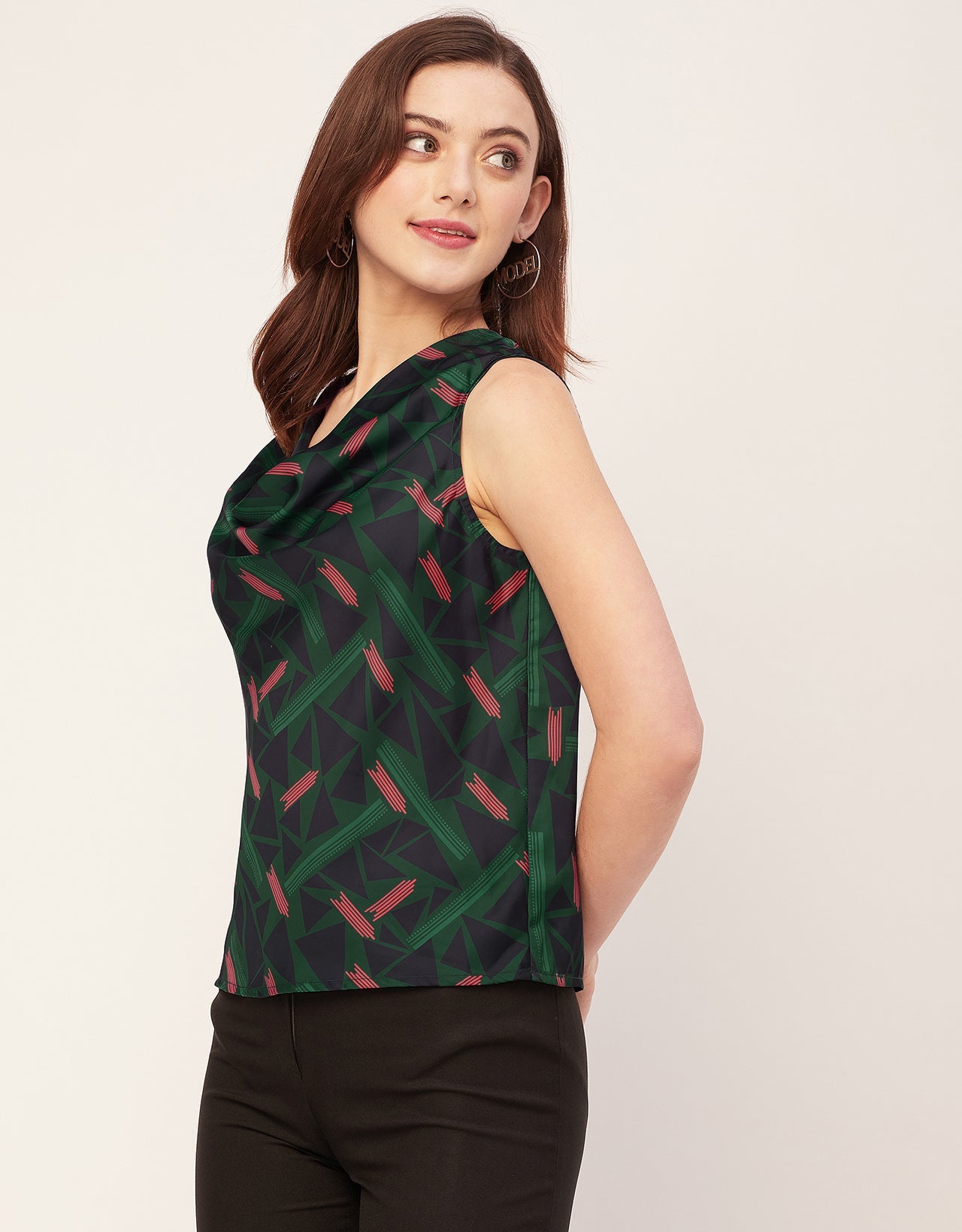 Sleeveless Cowl Neck Printed Satin Top