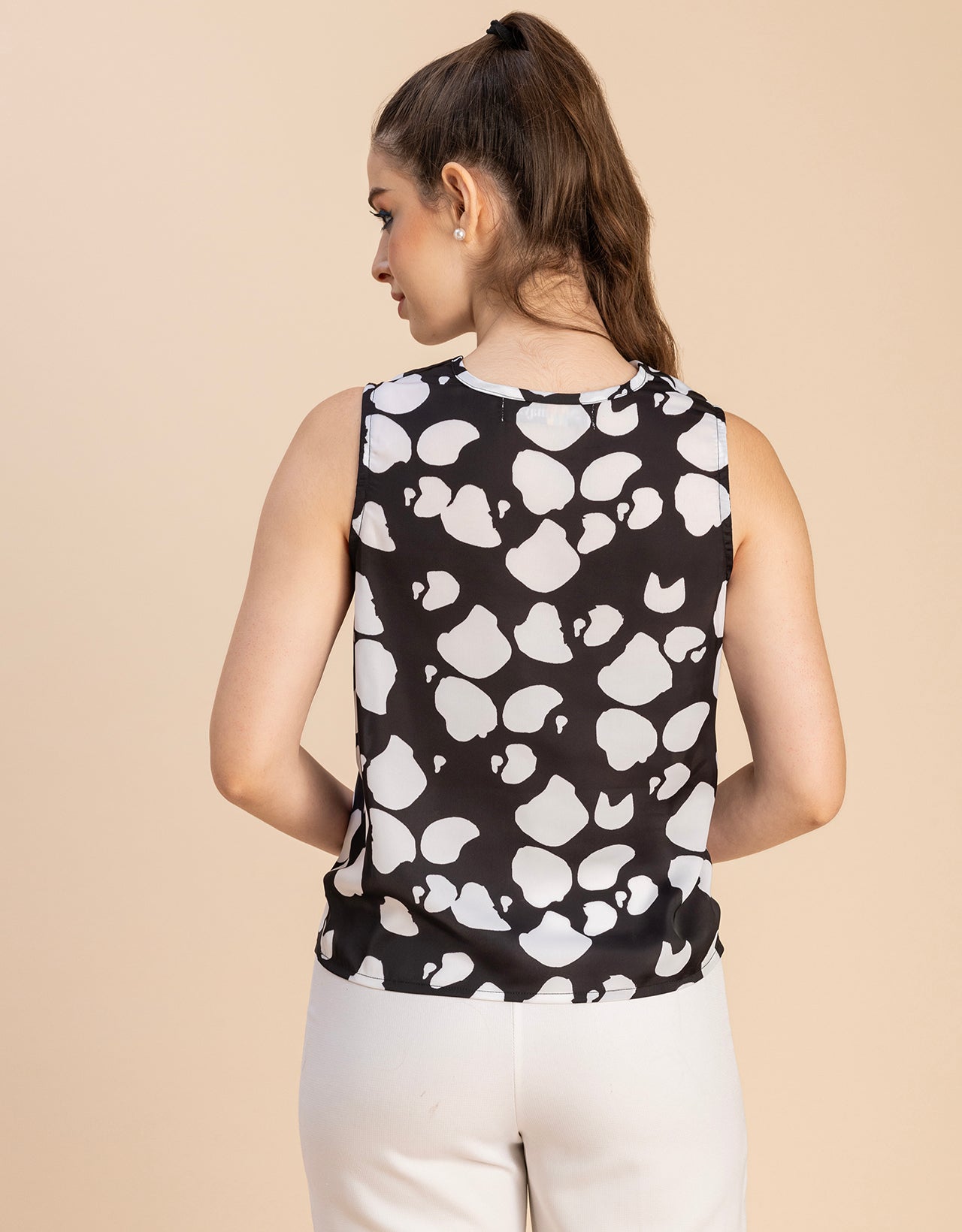 Sleeveless Cowl Neck Printed Satin Top