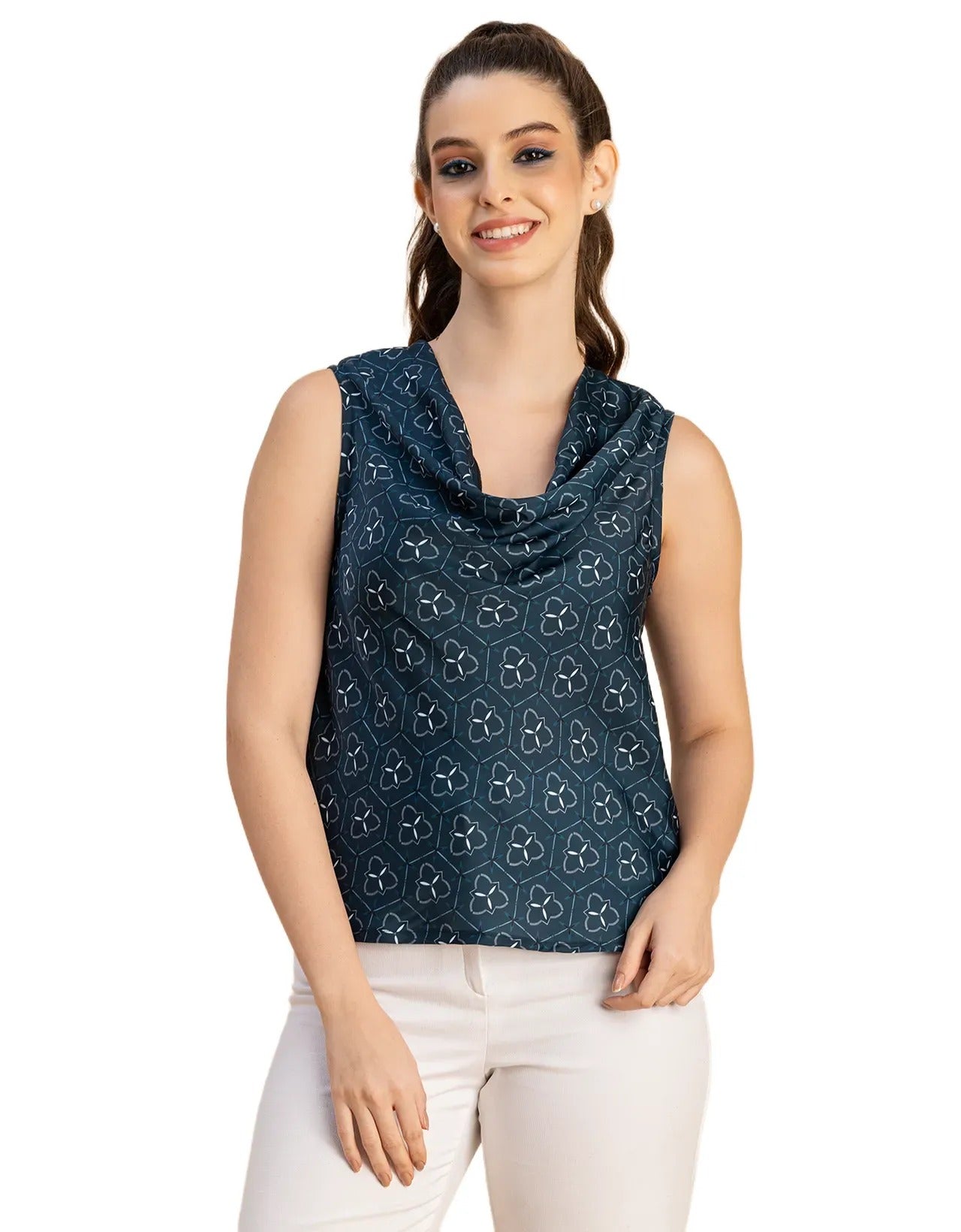 Sleeveless Cowl Neck Printed Satin Top