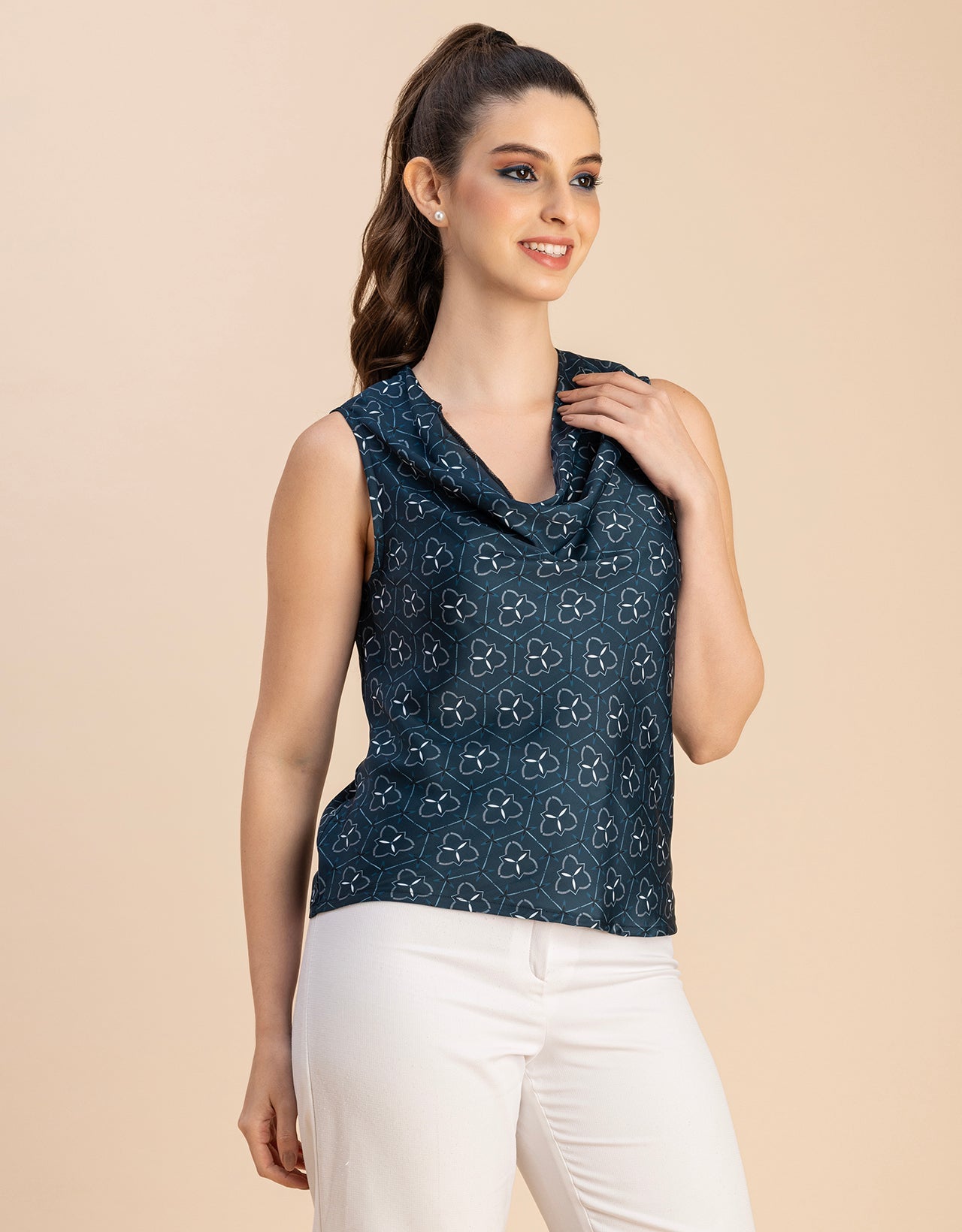 Sleeveless Cowl Neck Printed Satin Top