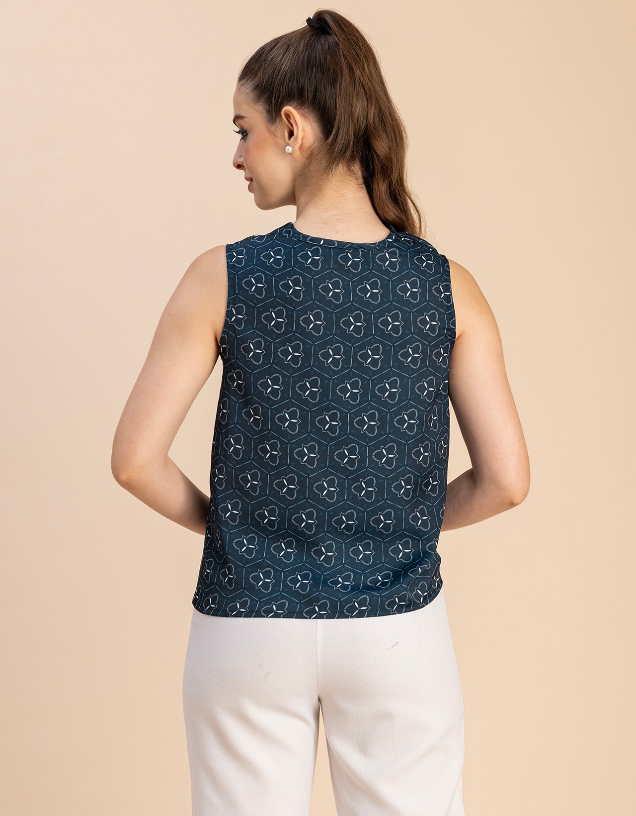 Sleeveless Cowl Neck Printed Satin Top
