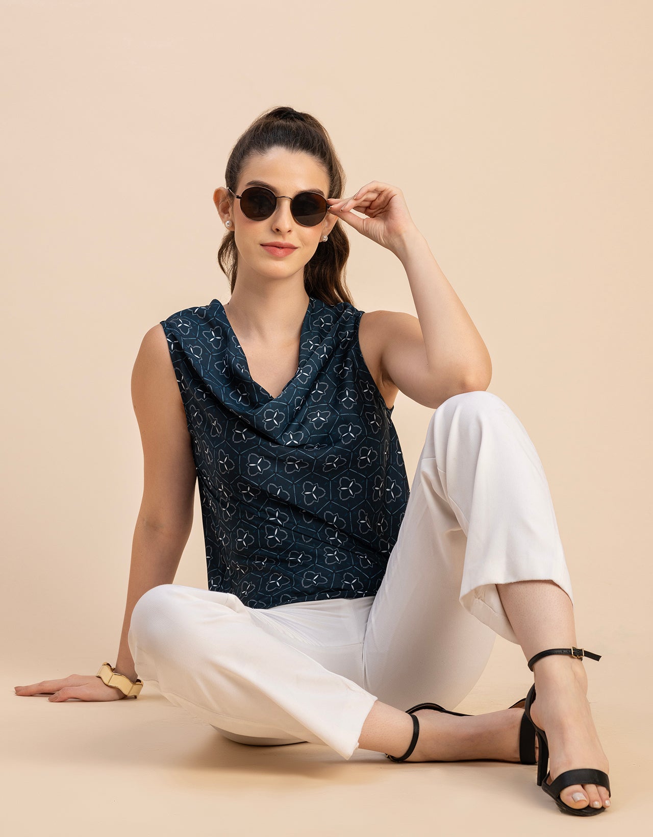Sleeveless Cowl Neck Printed Satin Top
