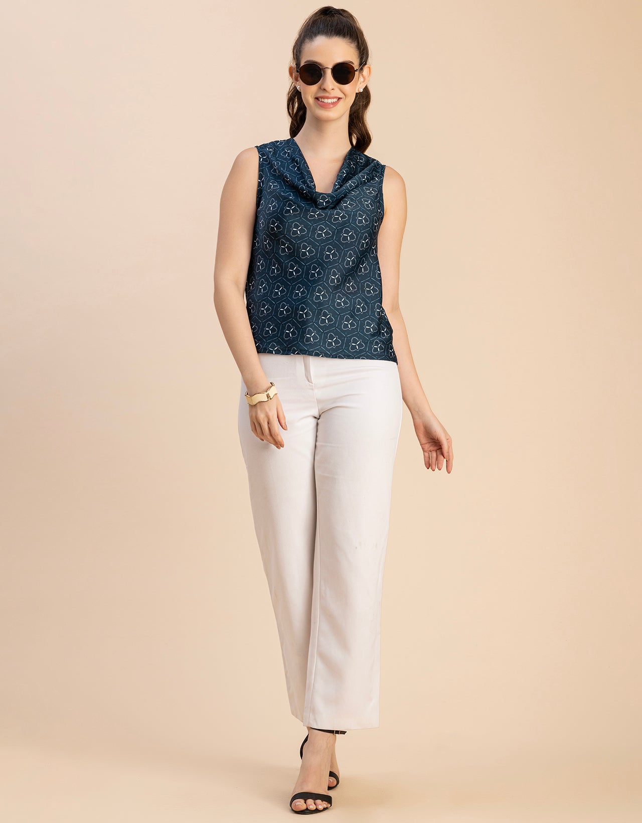 Sleeveless Cowl Neck Printed Satin Top