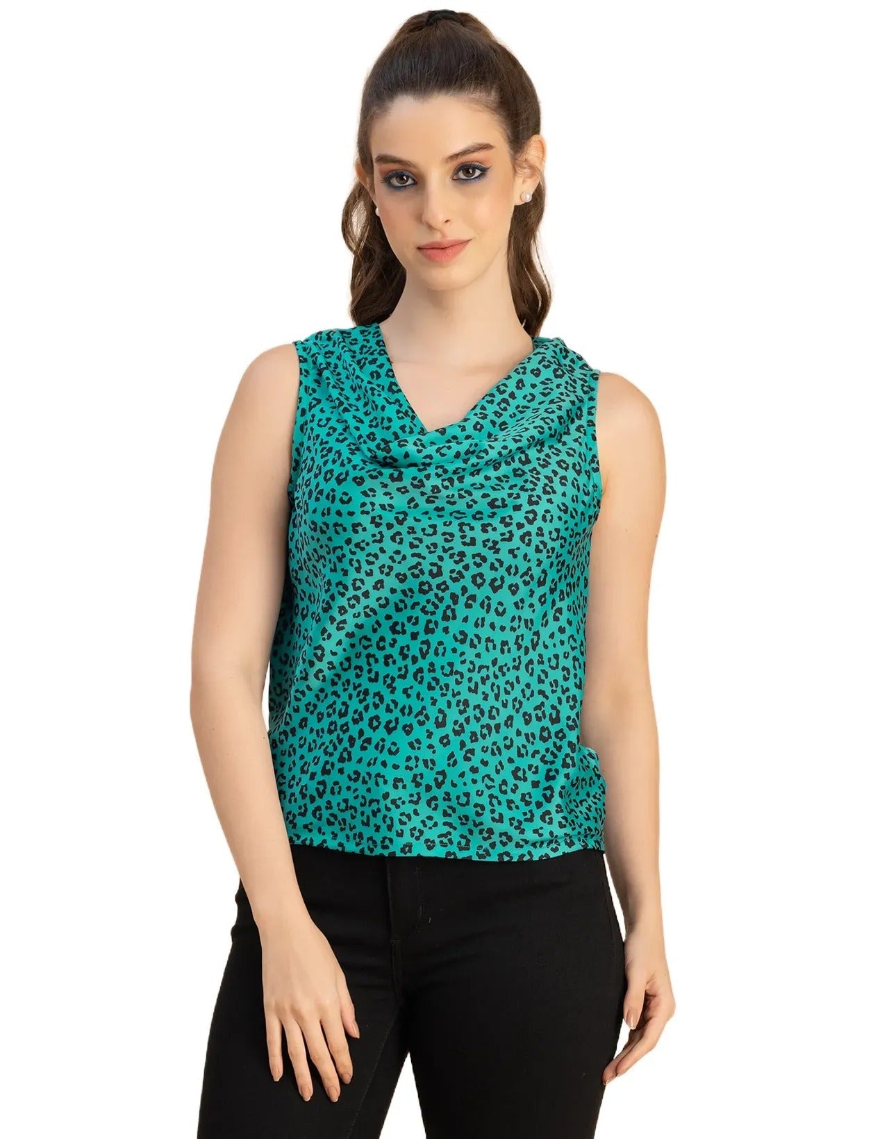 Sleeveless Cowl Neck Printed Satin Top