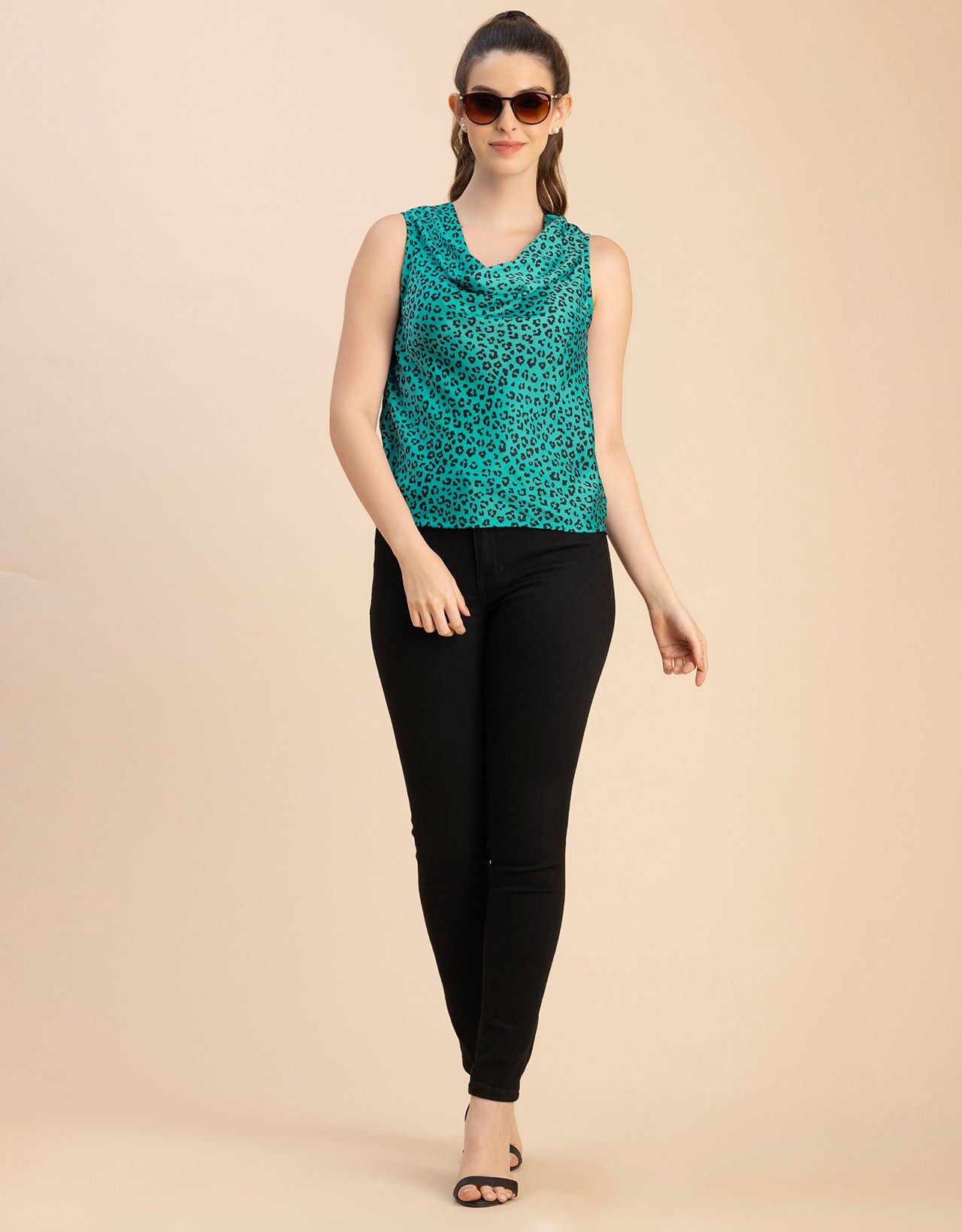 Sleeveless Cowl Neck Printed Satin Top