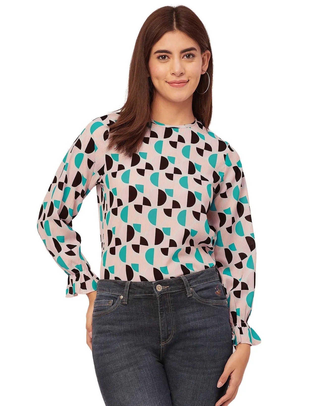 Long Sleeve Round Neck Printed Georgette Top