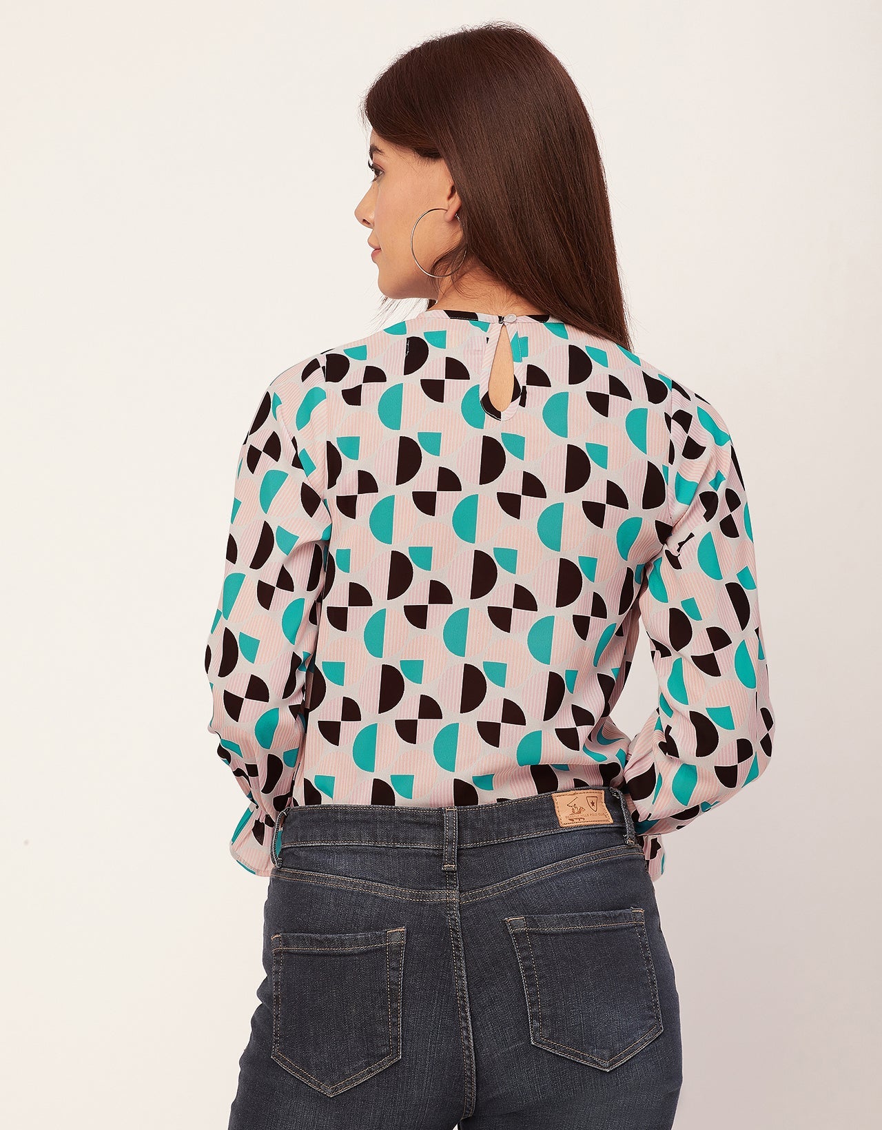 Long Sleeve Round Neck Printed Georgette Top