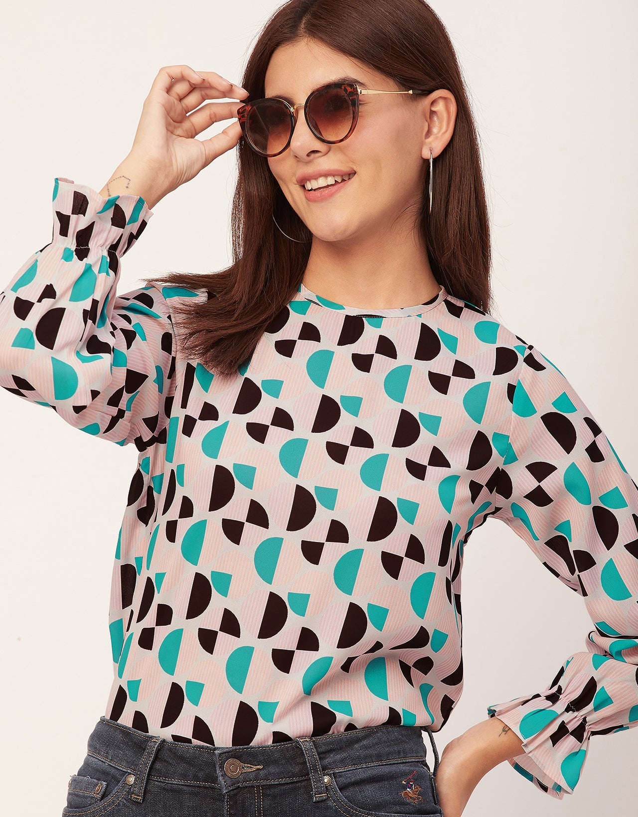 Long Sleeve Round Neck Printed Georgette Top