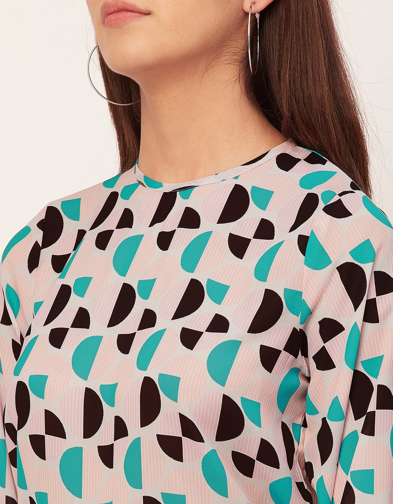 Long Sleeve Round Neck Printed Georgette Top