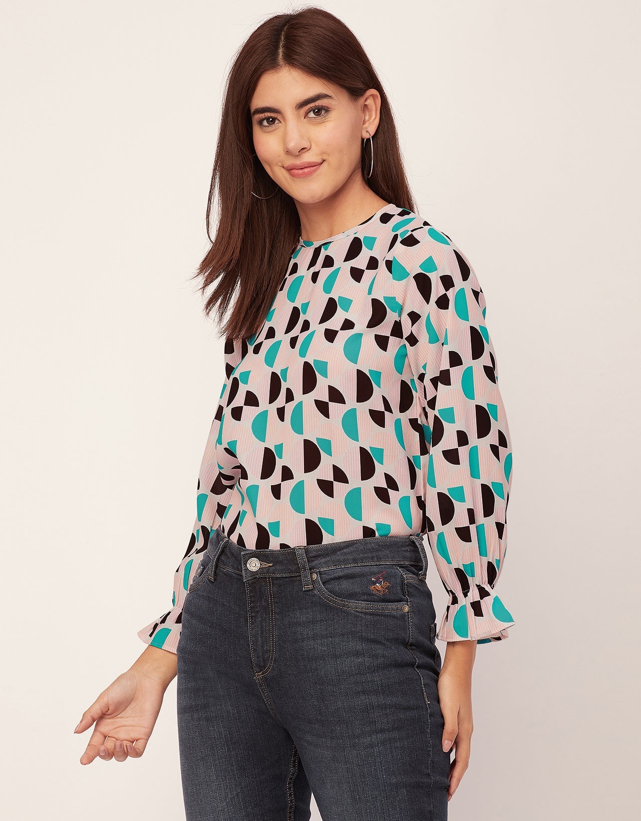 Long Sleeve Round Neck Printed Georgette Top
