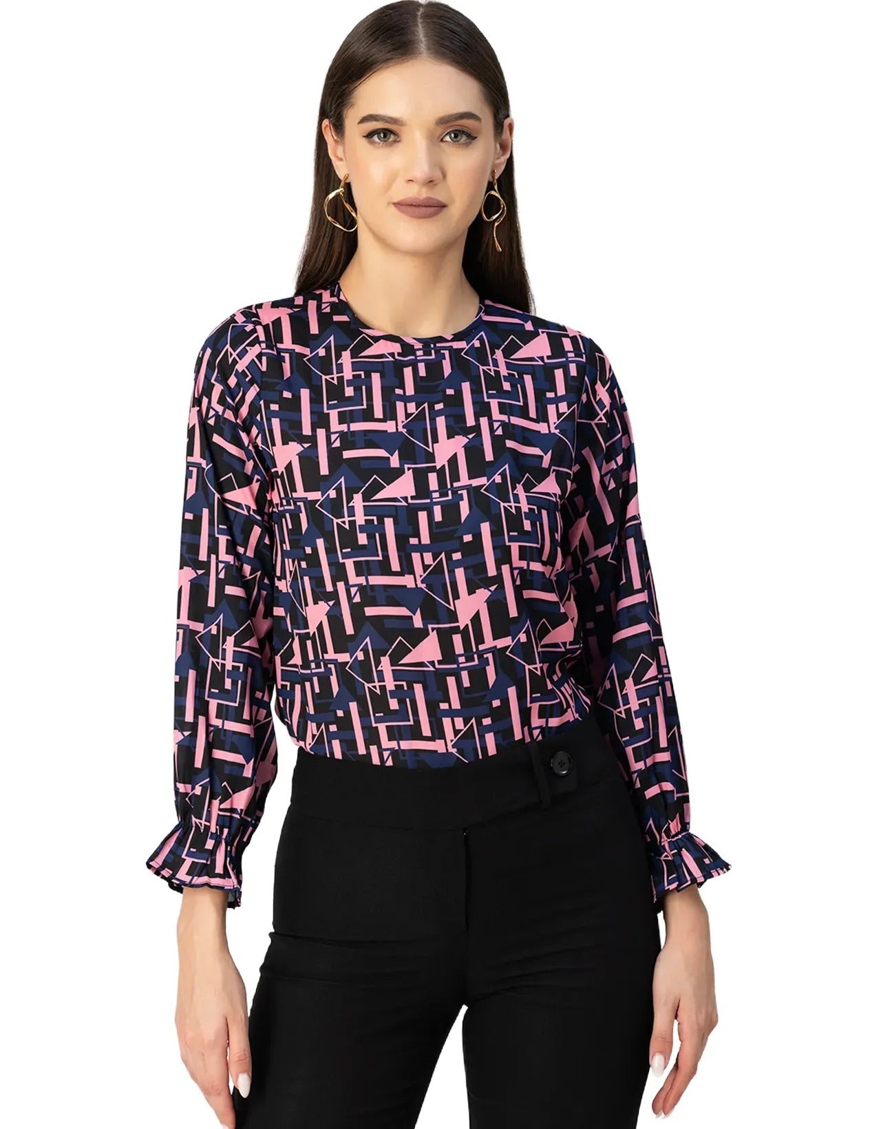 Long Sleeve Round Neck Printed Georgette Top