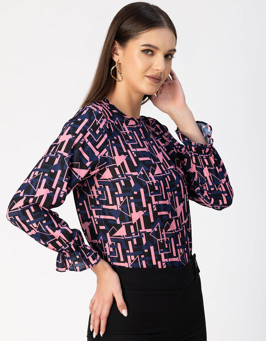 Long Sleeve Round Neck Printed Georgette Top