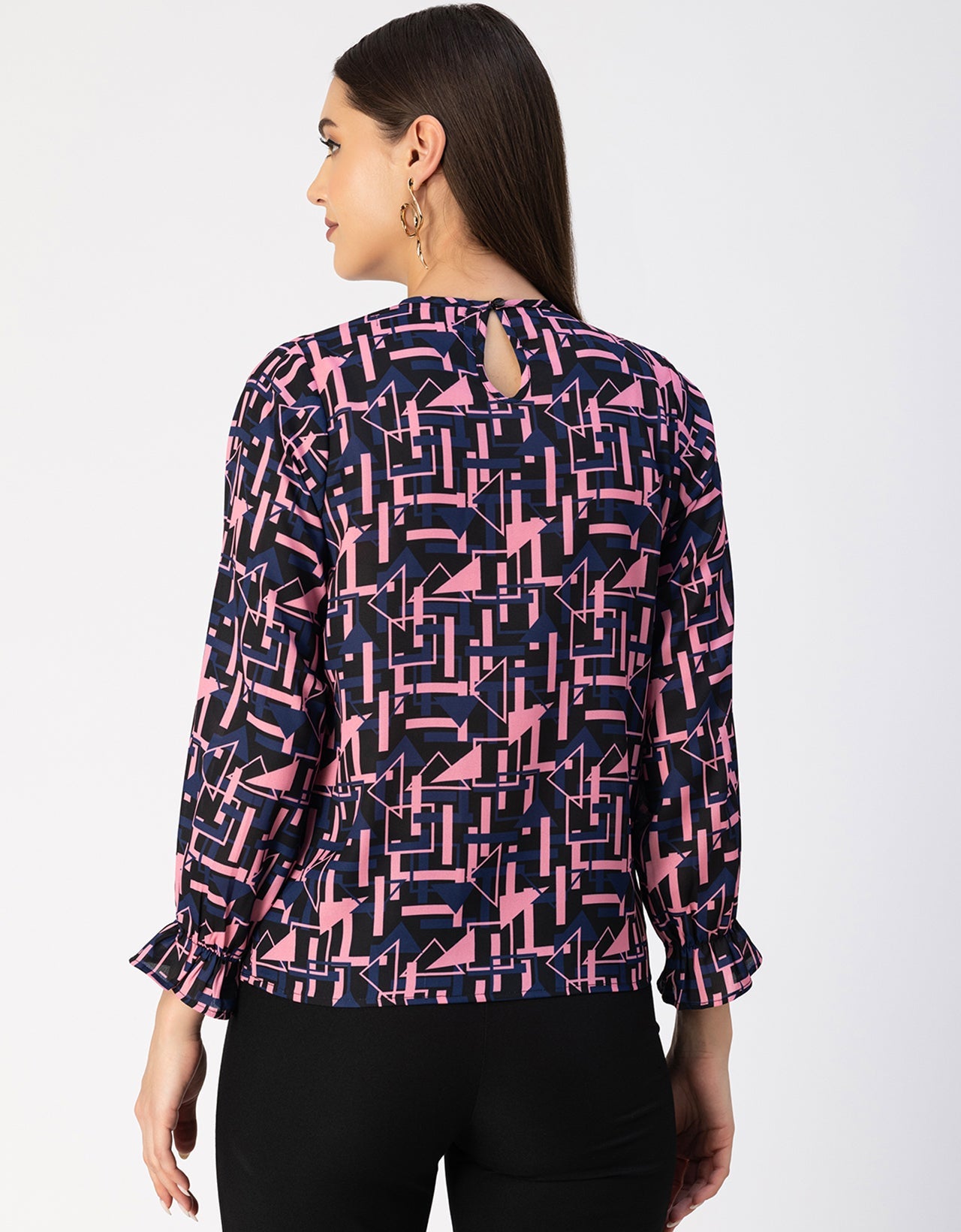 Long Sleeve Round Neck Printed Georgette Top