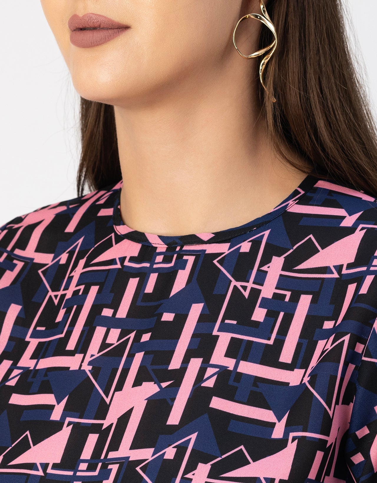 Long Sleeve Round Neck Printed Georgette Top