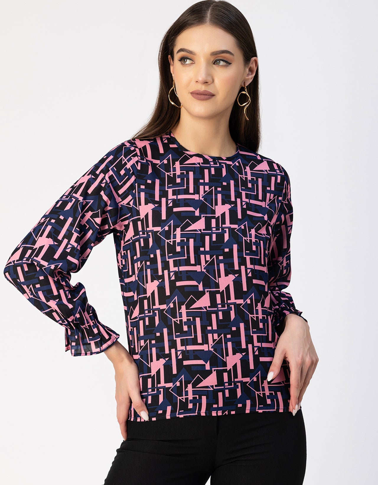 Long Sleeve Round Neck Printed Georgette Top