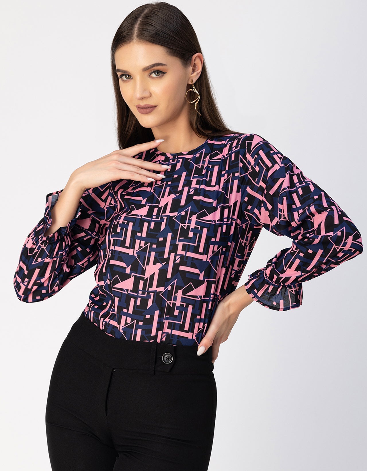 Long Sleeve Round Neck Printed Georgette Top