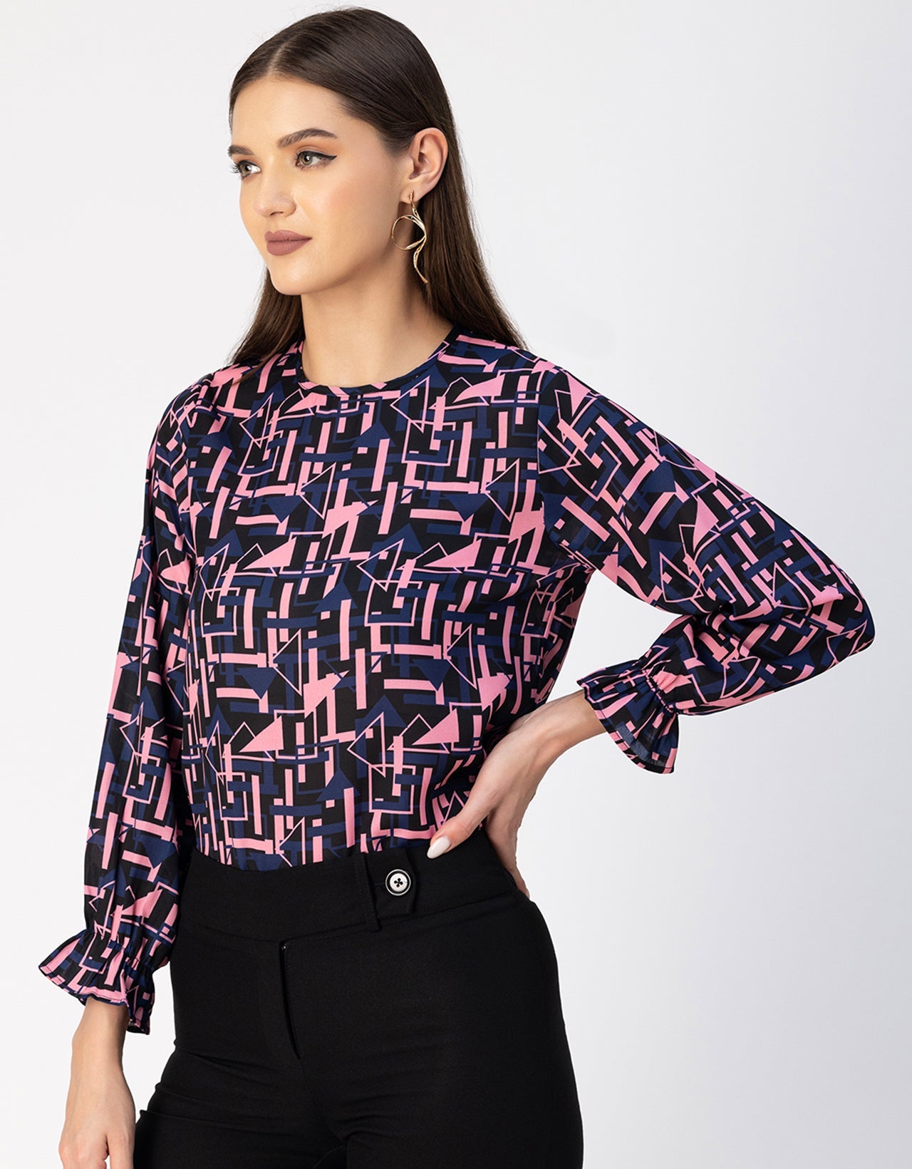 Long Sleeve Round Neck Printed Georgette Top
