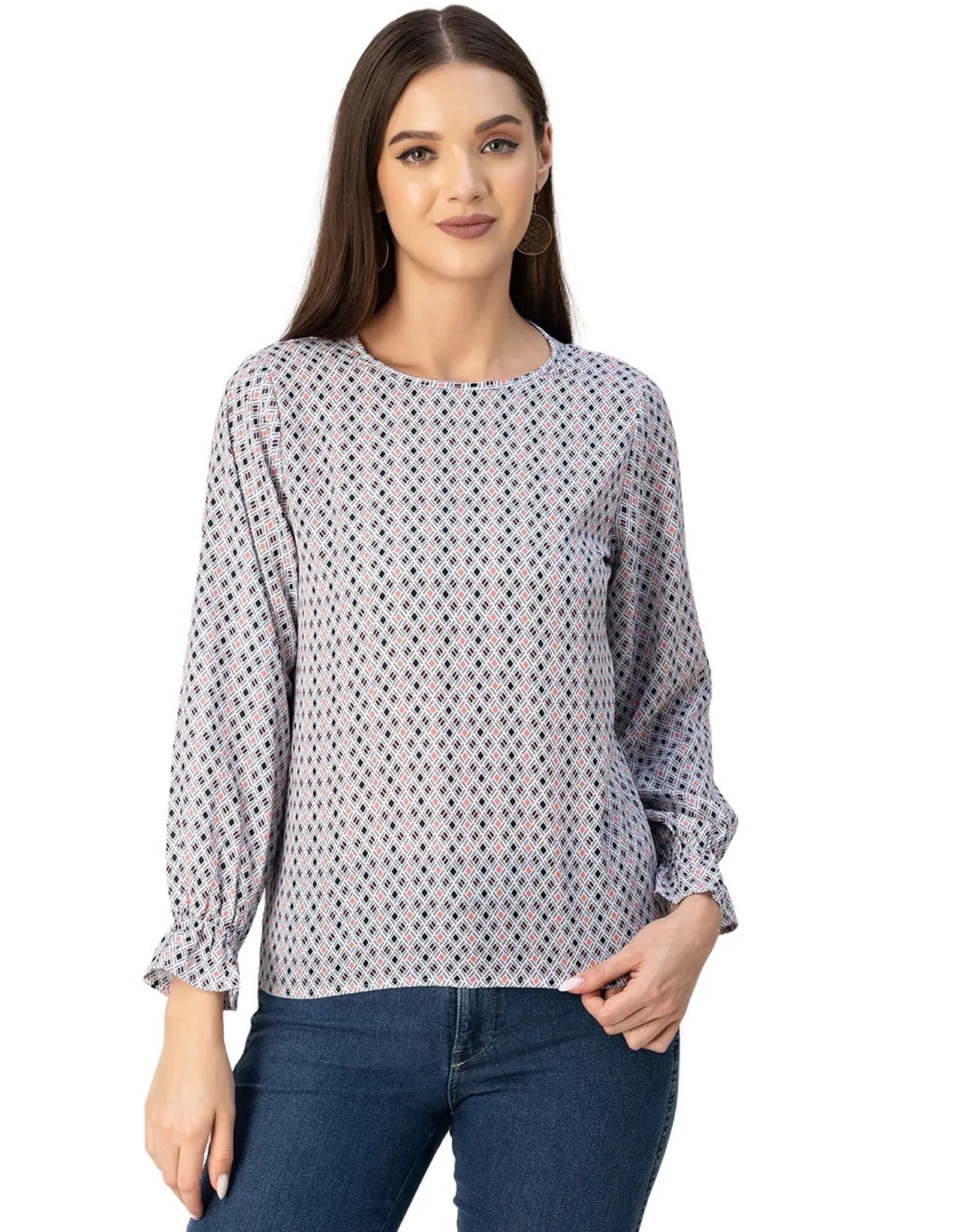 Long Sleeve Round Neck Printed Georgette Top