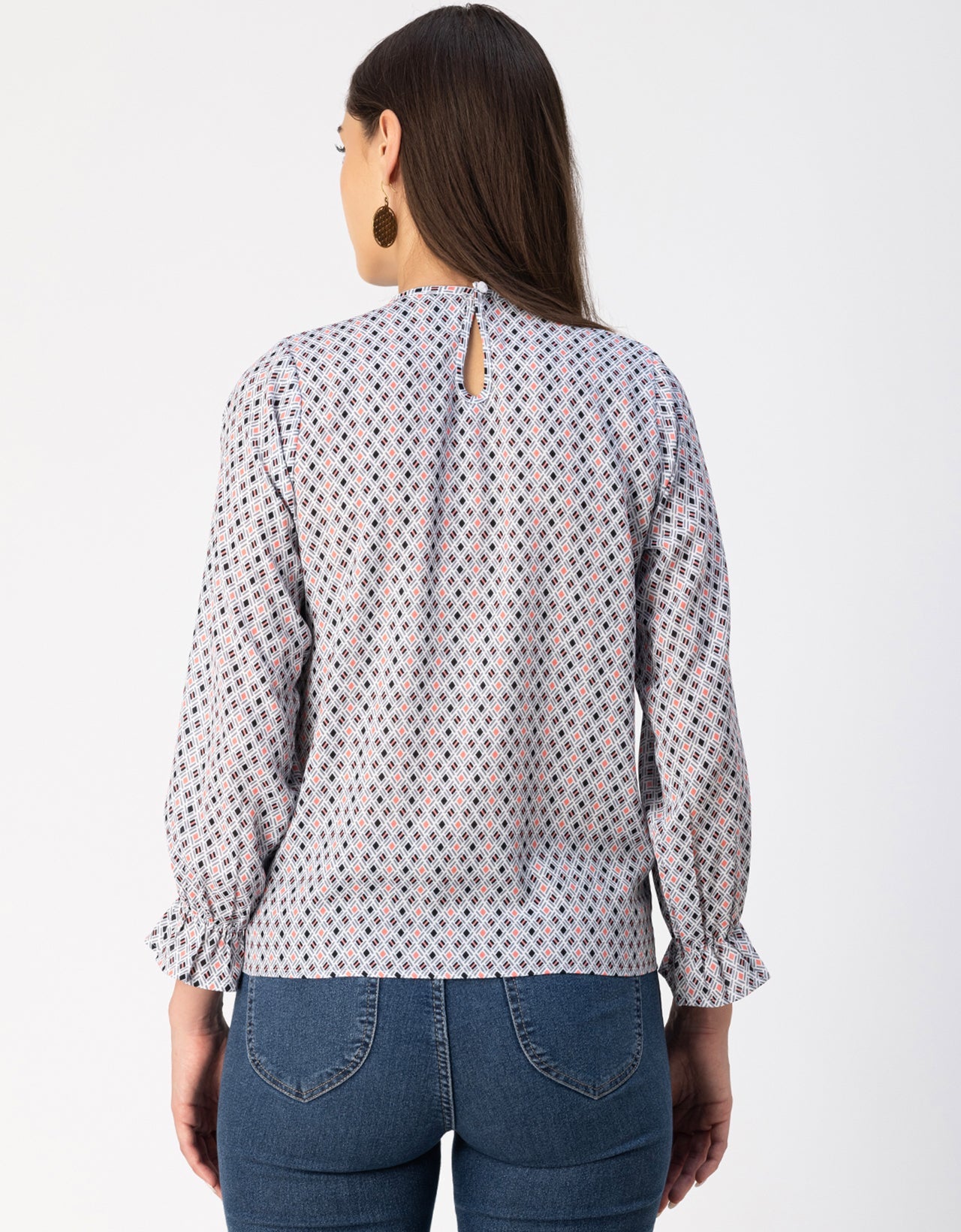 Long Sleeve Round Neck Printed Georgette Top