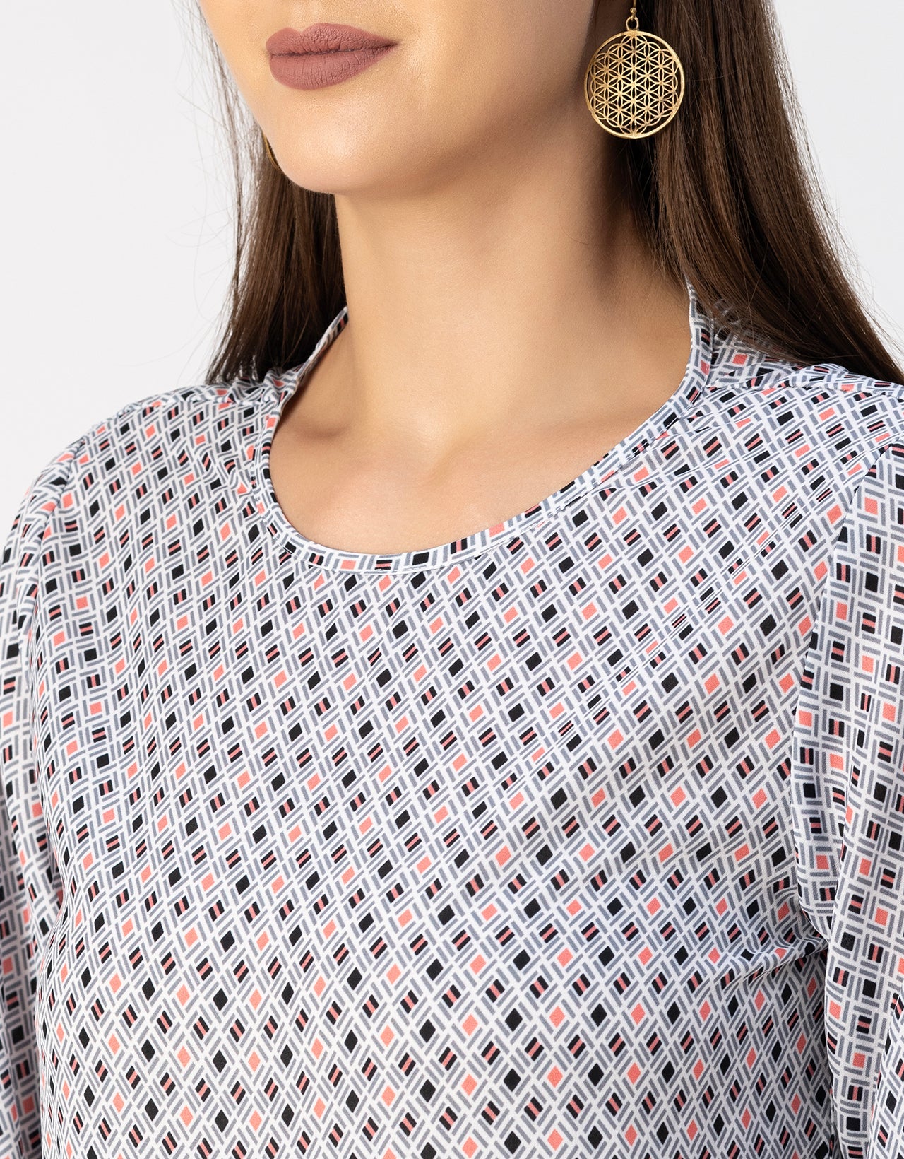 Long Sleeve Round Neck Printed Georgette Top