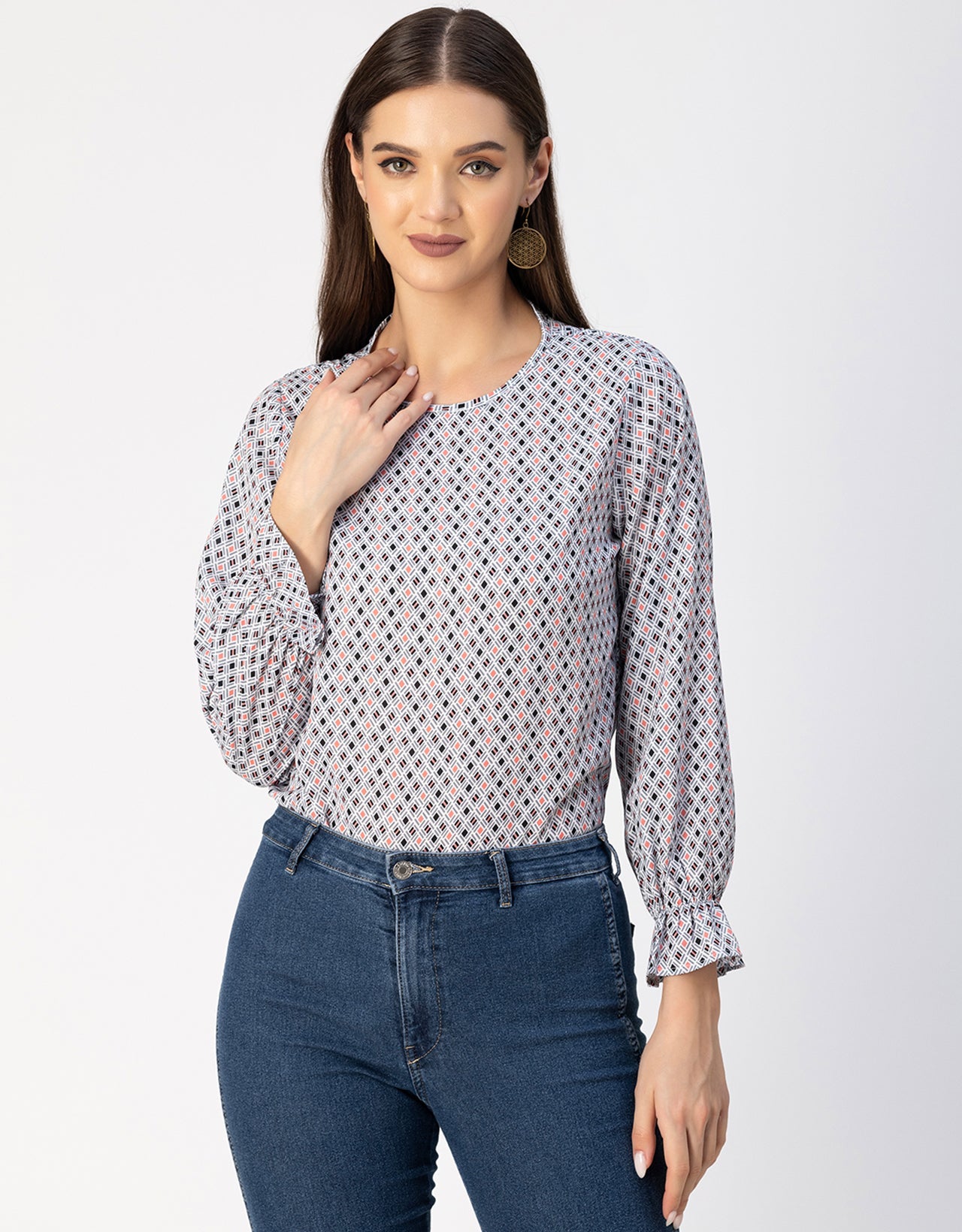 Long Sleeve Round Neck Printed Georgette Top