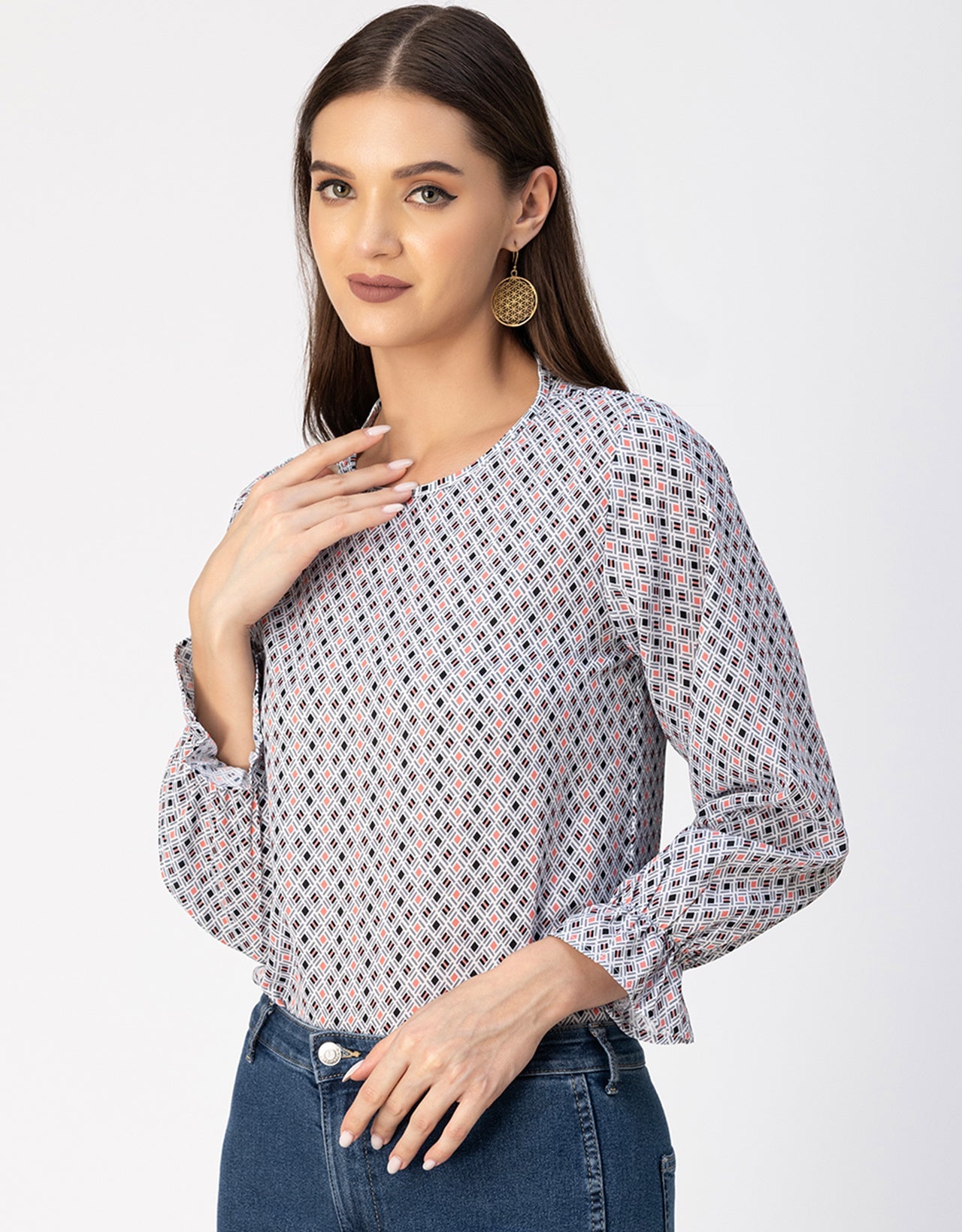 Long Sleeve Round Neck Printed Georgette Top